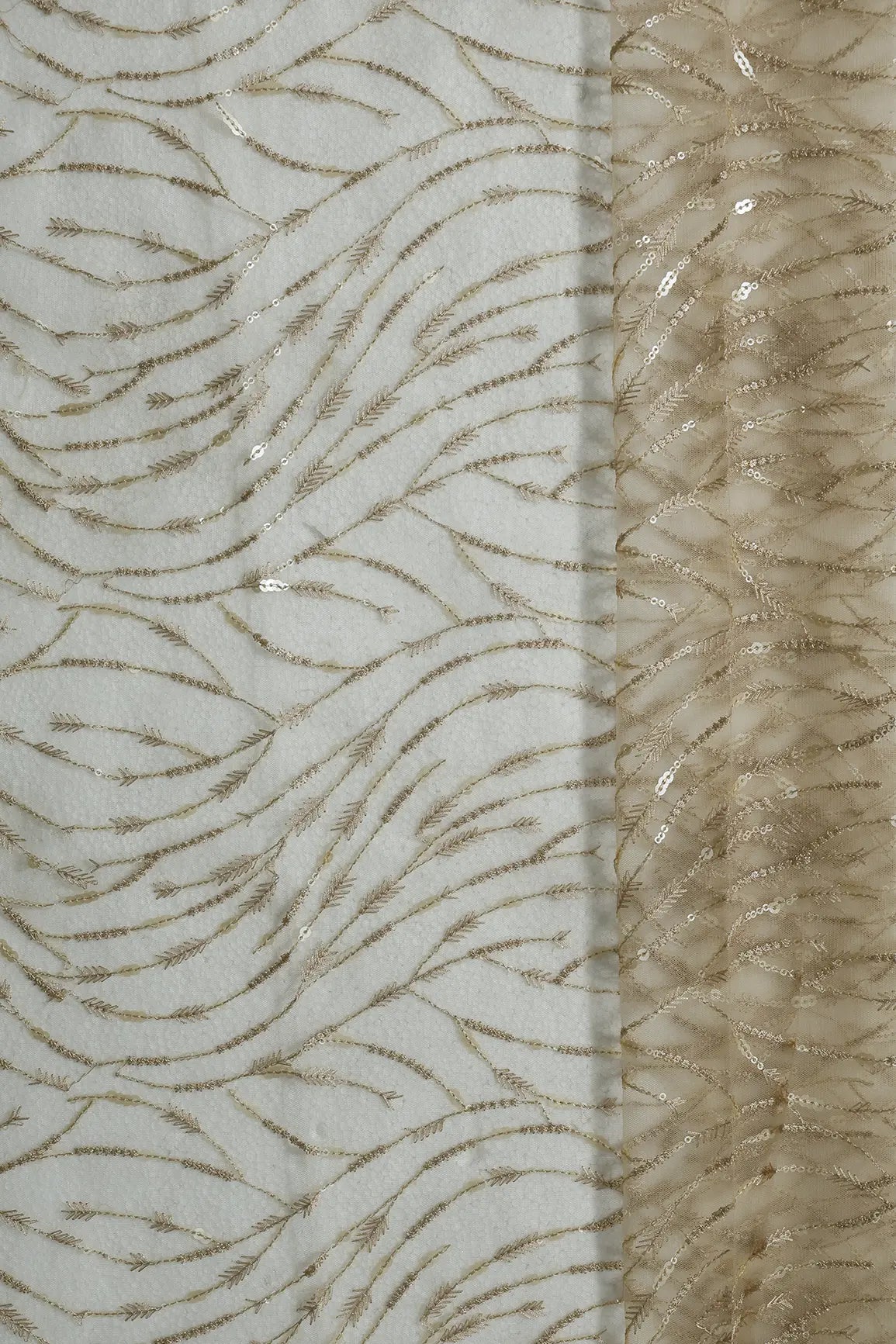 0.75 Meter Cut Piece Of Beautiful Sequin With Beige Thread Wavy Embroidery On Beige Soft Net Fabric - doeraa