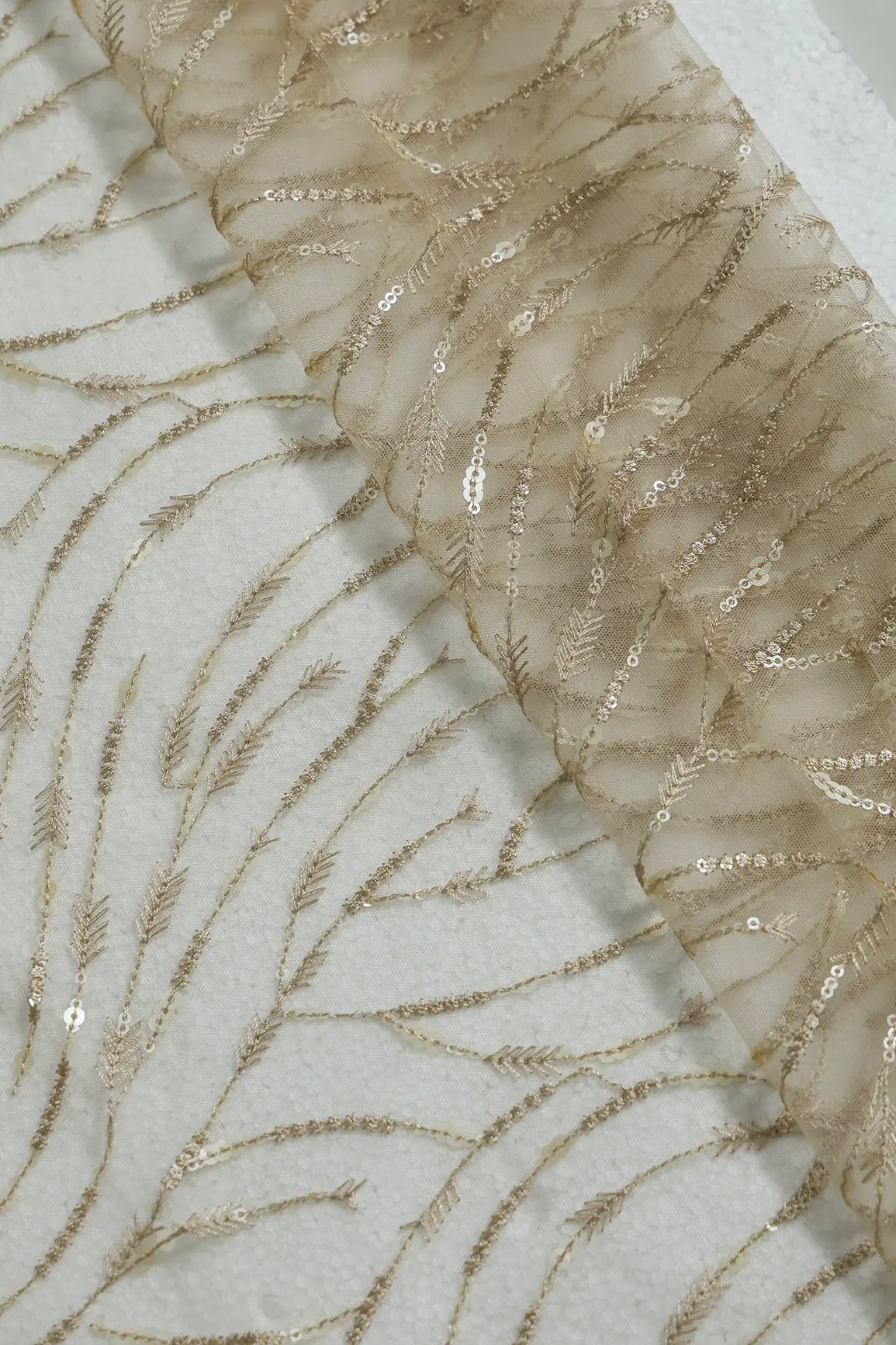 0.75 Meter Cut Piece Of Beautiful Sequin With Beige Thread Wavy Embroidery On Beige Soft Net Fabric - doeraa