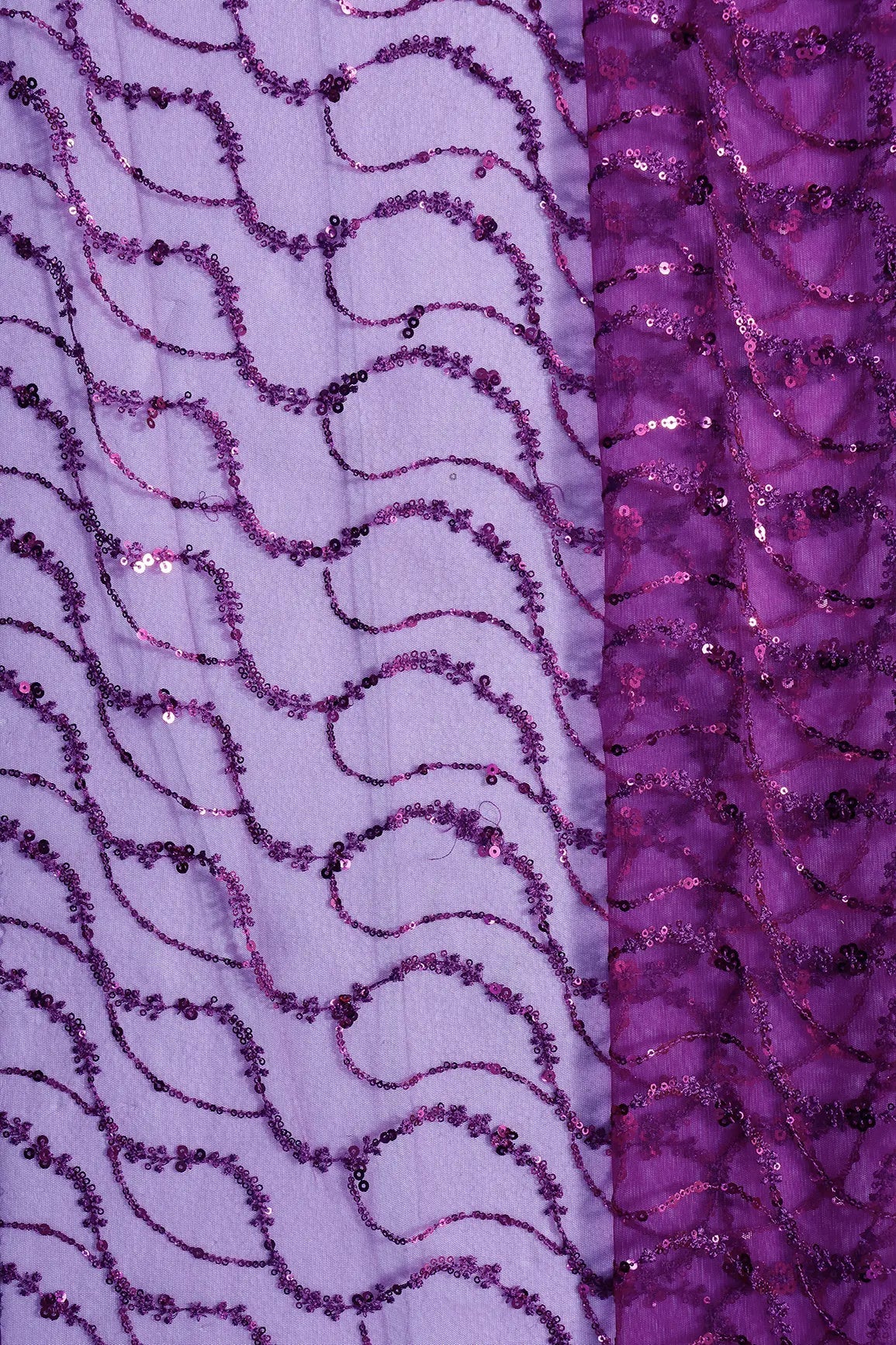 0.75 Meter Cut Piece Of Beautiful Sequins With Magenta Thread Wavy Embroidery Work On Magenta Soft Net Fabric - doeraa