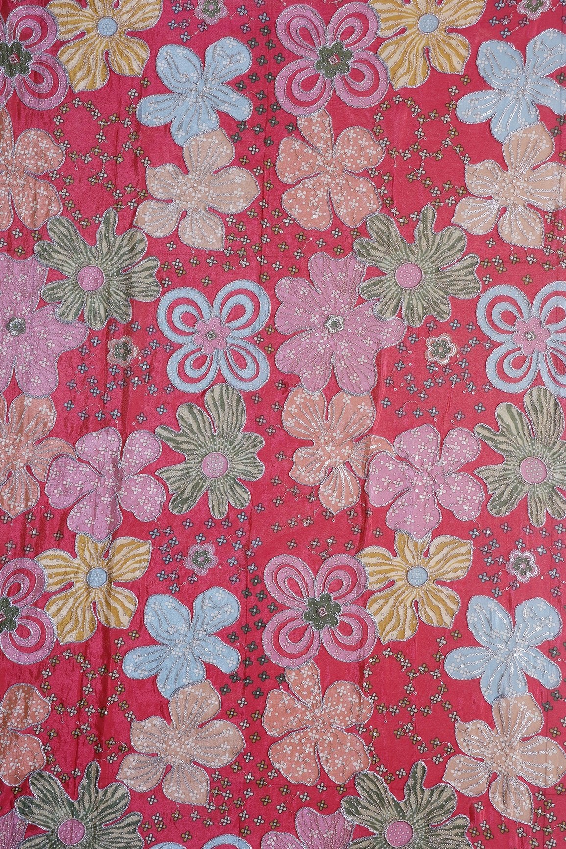 0.75 Meter Cut Piece Of Floral Position Print On Sequins With Zari Embroidery Red Viscose Zari Tissue Fabric - doeraa