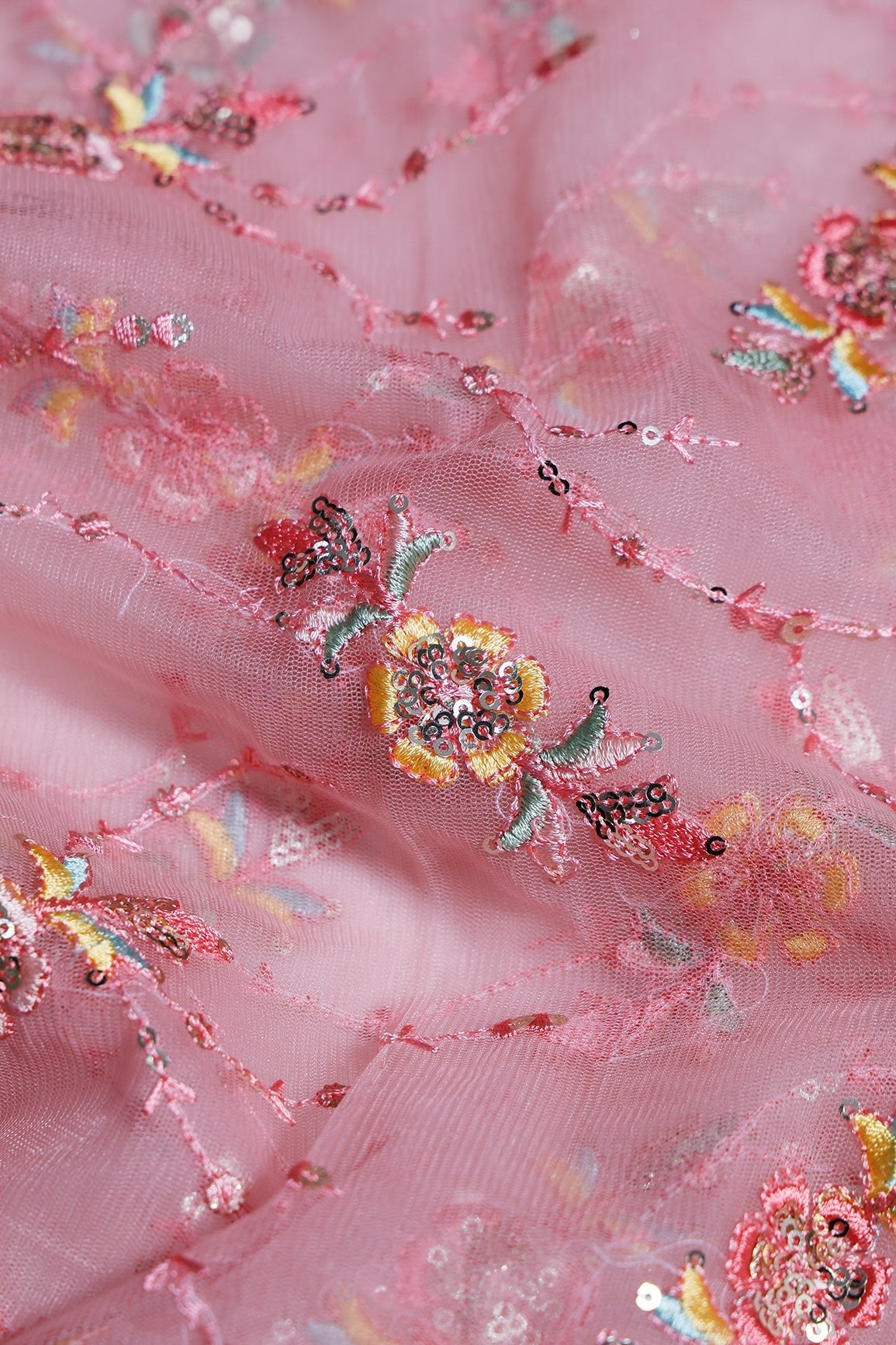 0.75 Meter Cut Piece Of Multi Thread With Gold Sequins Floral Embroidery Work On Light Pink Soft Net Fabric - doeraa