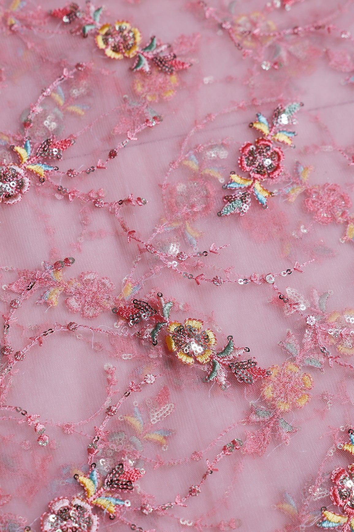 0.75 Meter Cut Piece Of Multi Thread With Gold Sequins Floral Embroidery Work On Light Pink Soft Net Fabric - doeraa