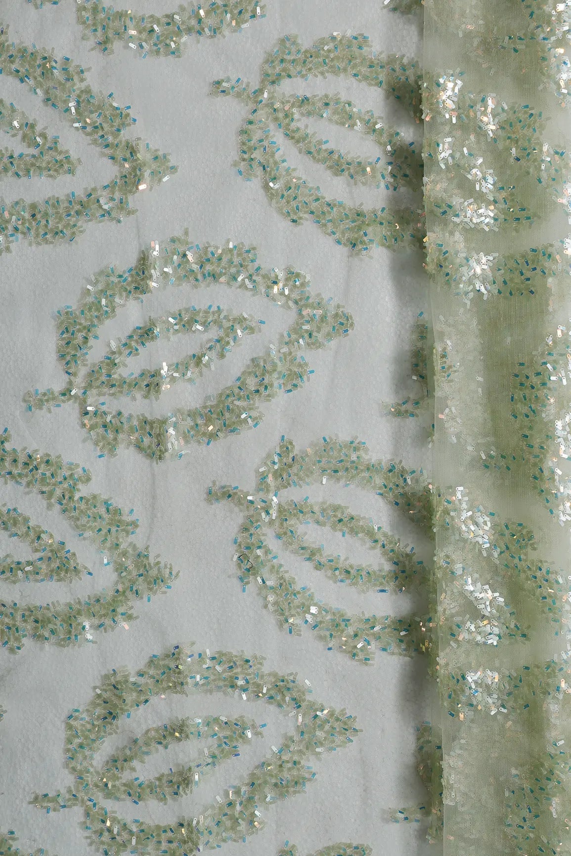 0.75 Meter Cut Piece Of Oval Sequins Abstract Embroidery Work On Olive Soft Net Fabric - doeraa