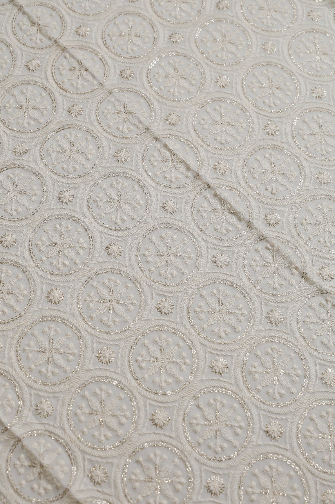 0.75 Meter Cut Piece Of White Thread With Gold Glitter Sequins Geometric Lucknowi Embroidery On Dyeable Viscose Georgette Fabric - doeraa