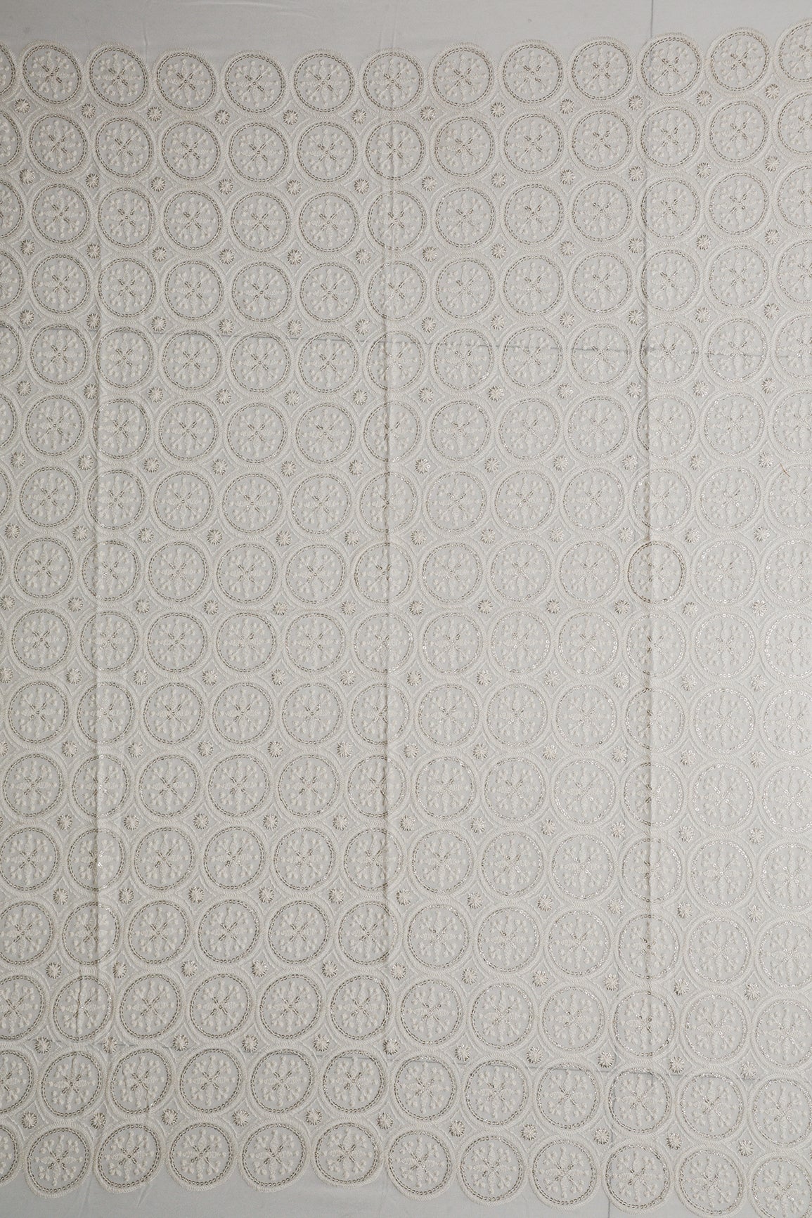 0.75 Meter Cut Piece Of White Thread With Gold Glitter Sequins Geometric Lucknowi Embroidery On Dyeable Viscose Georgette Fabric - doeraa