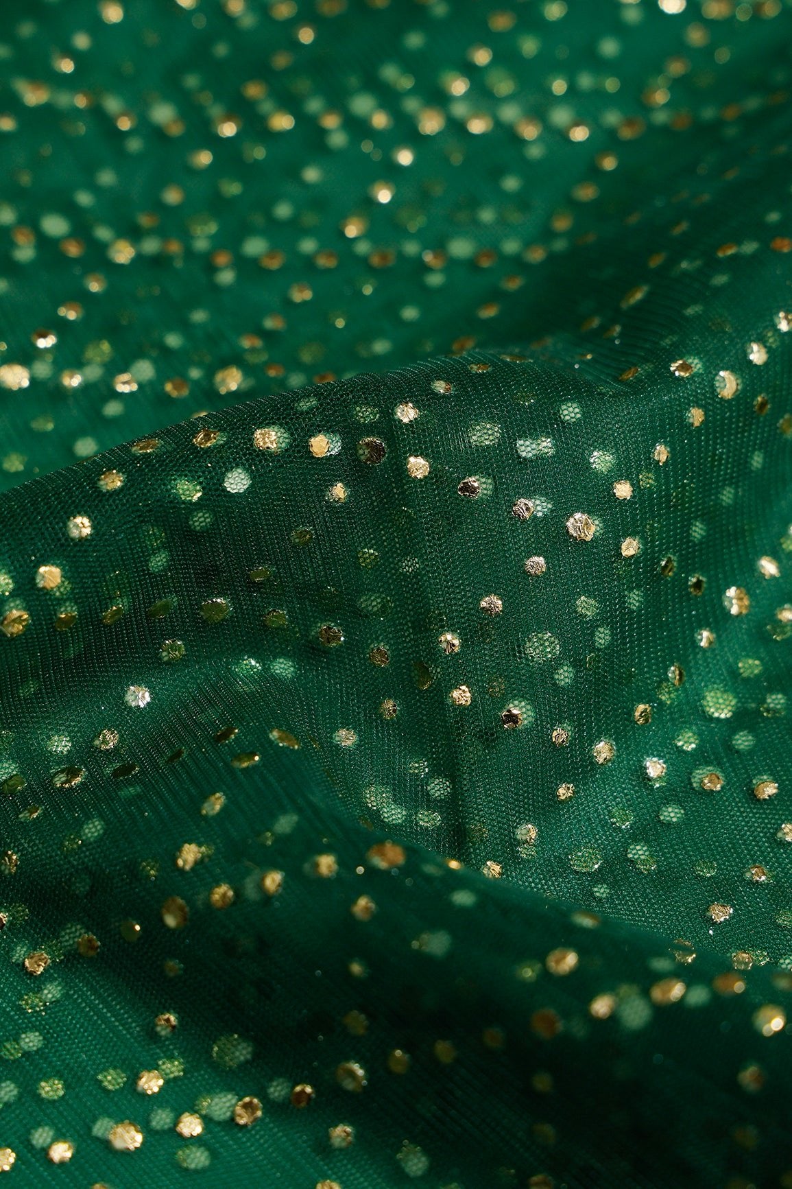 1 Meter Cut Piece Of Checks Pattern With Foil Print On Bottle Green Soft Net Fabric - doeraa