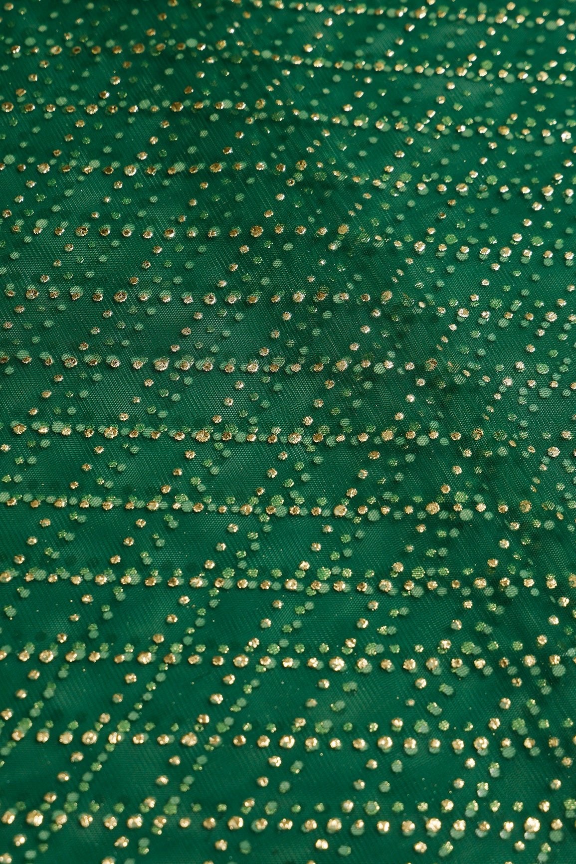 1 Meter Cut Piece Of Checks Pattern With Foil Print On Bottle Green Soft Net Fabric - doeraa
