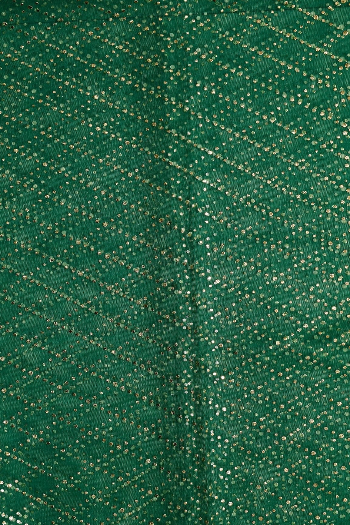 1 Meter Cut Piece Of Checks Pattern With Foil Print On Bottle Green Soft Net Fabric - doeraa