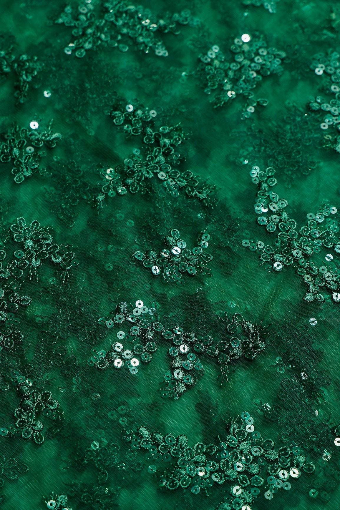 1 Meter Cut Piece Of Exclusive Green Thread With Sequins Abstract Embroidery Work On Bottle Green Soft Net Fabric - doeraa