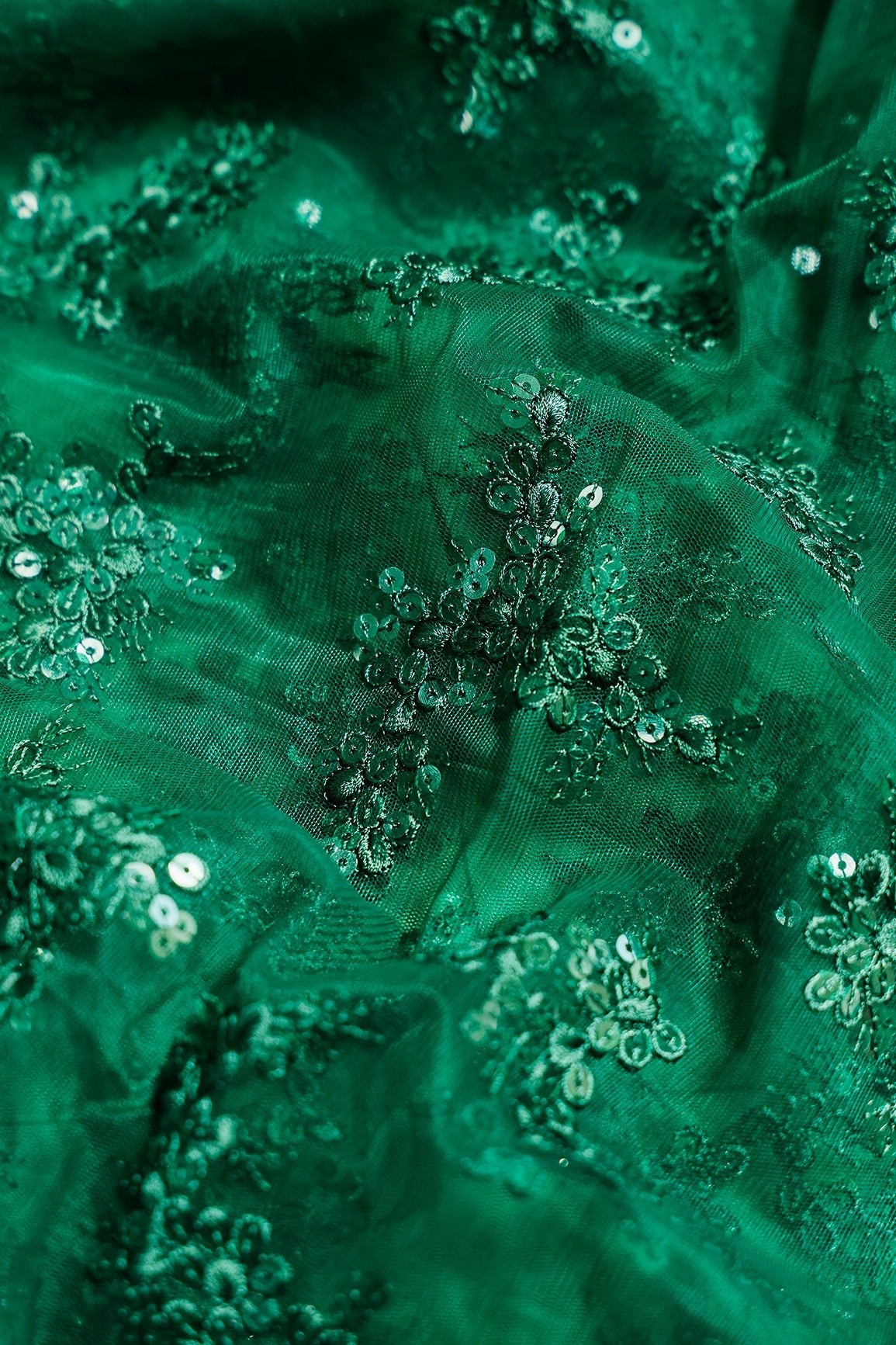1 Meter Cut Piece Of Exclusive Green Thread With Sequins Abstract Embroidery Work On Bottle Green Soft Net Fabric - doeraa