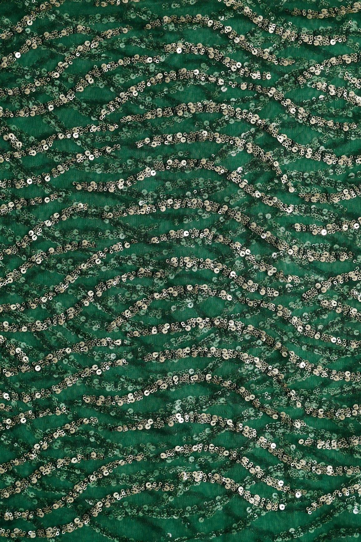 1 Meter Cut Piece Of Gold And Silver Sequins With Bottle Green Thread Embroidery On Bottle Green Soft Net - doeraa