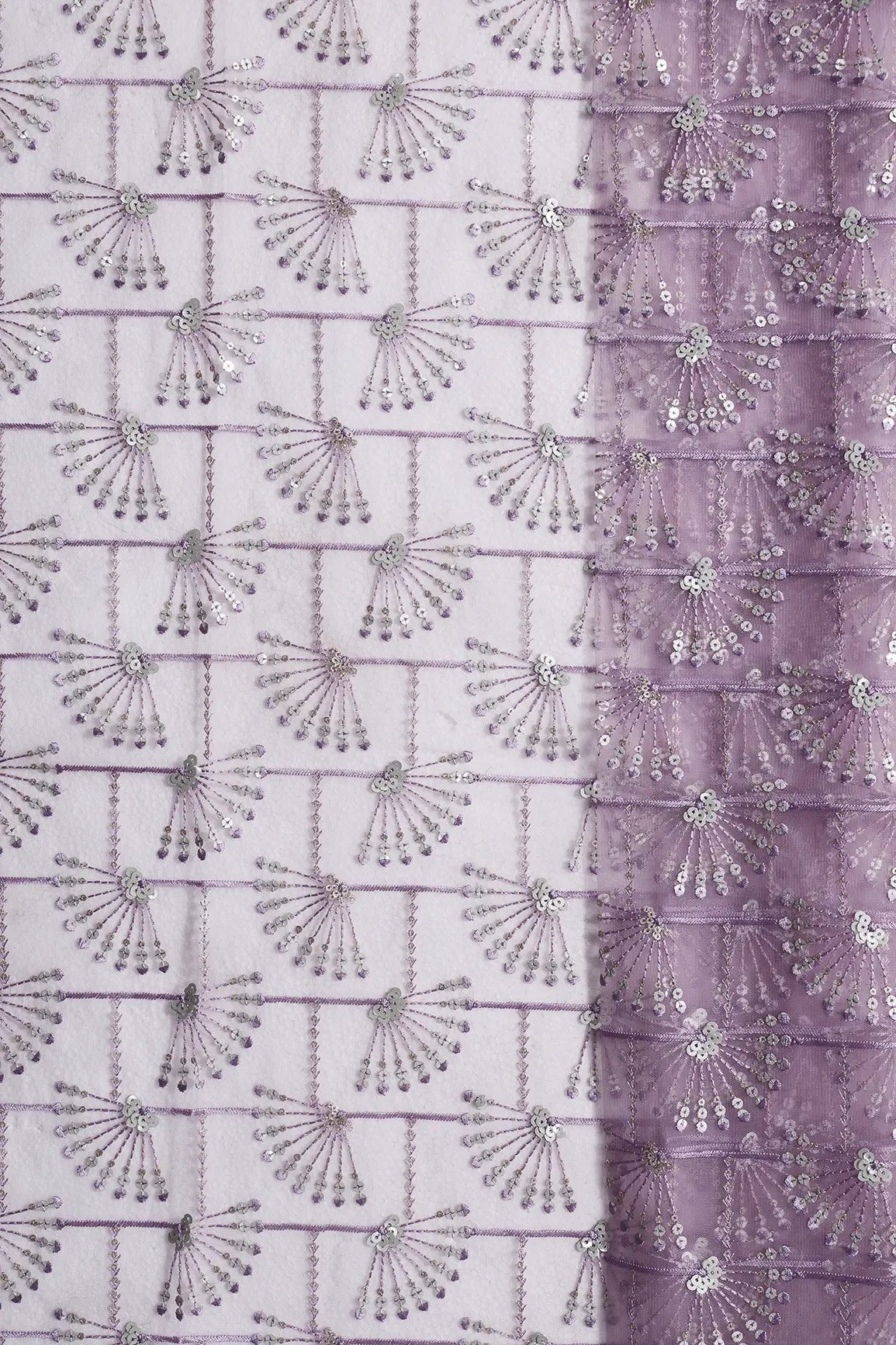 1 Meter Cut Piece Of Gold And Silver Sequins With Lilac Purple Thread Embroidery On Lilac Purple Soft Net - doeraa