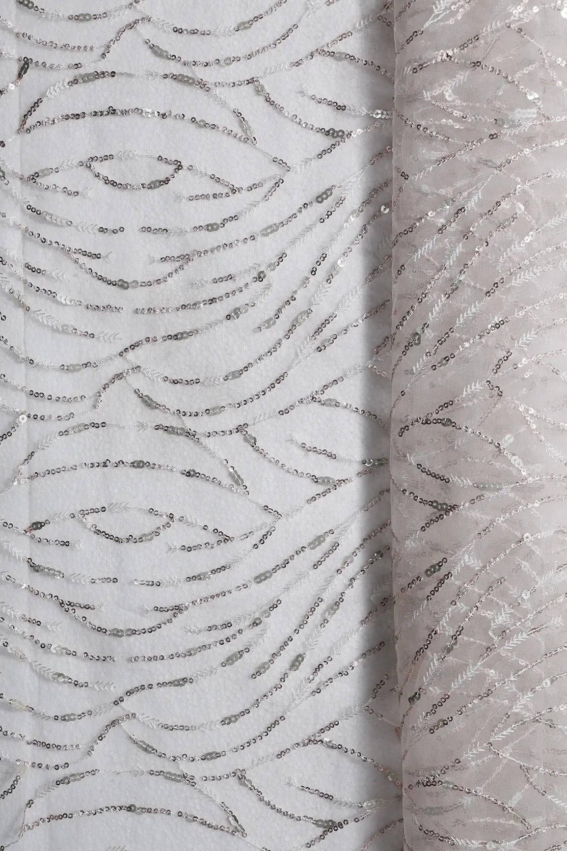 1 Meter Cut Piece Of Gold And Silver Sequins With White Thread Wavy Embroidery On White Soft Net Fabric - doeraa