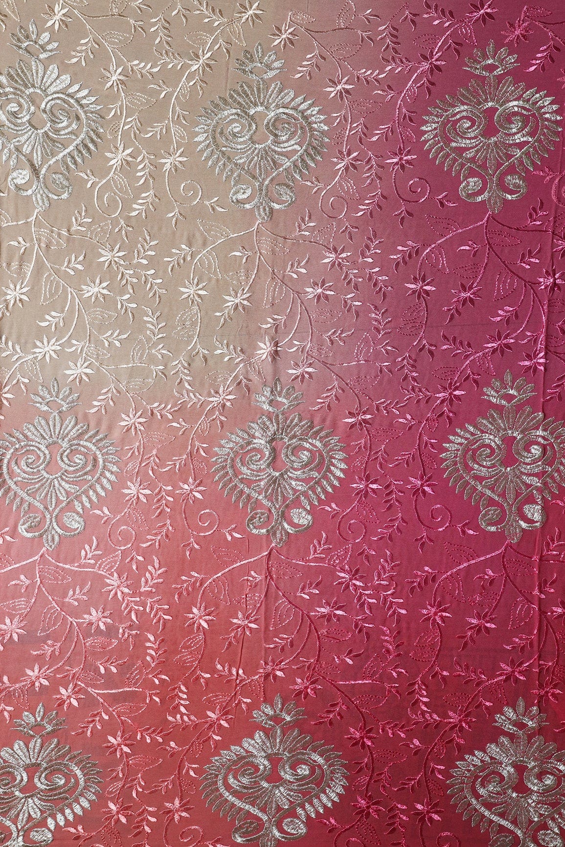 1 Meter Cut Piece Of Multi Thread With Silver Zari Floral Embroidery On Multi Color Viscose Georgette Fabric - doeraa