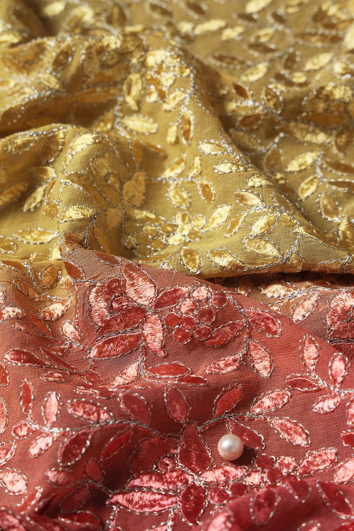 1 Meter Cut Piece Of Multi Thread With Zari Leafy Embroidery On Multi Color Viscose Georgette Fabric - doeraa