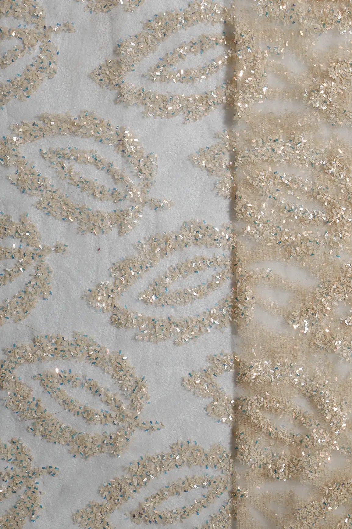 1 Meter Cut Piece Of Oval Sequins Abstract Embroidery Work On Cream Soft Net Fabric - doeraa
