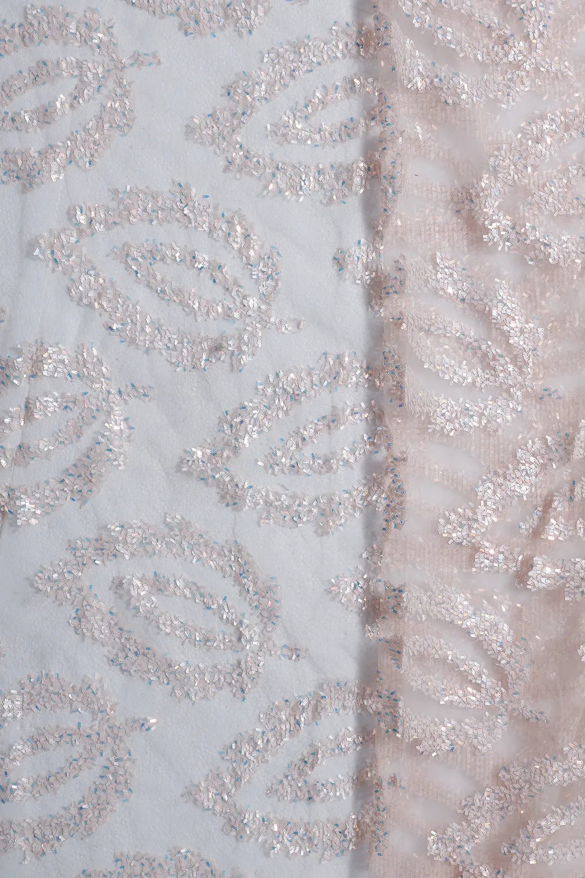 1 Meter Cut Piece Of Oval Sequins Abstract Embroidery Work On Light Pink Soft Net Fabric - doeraa