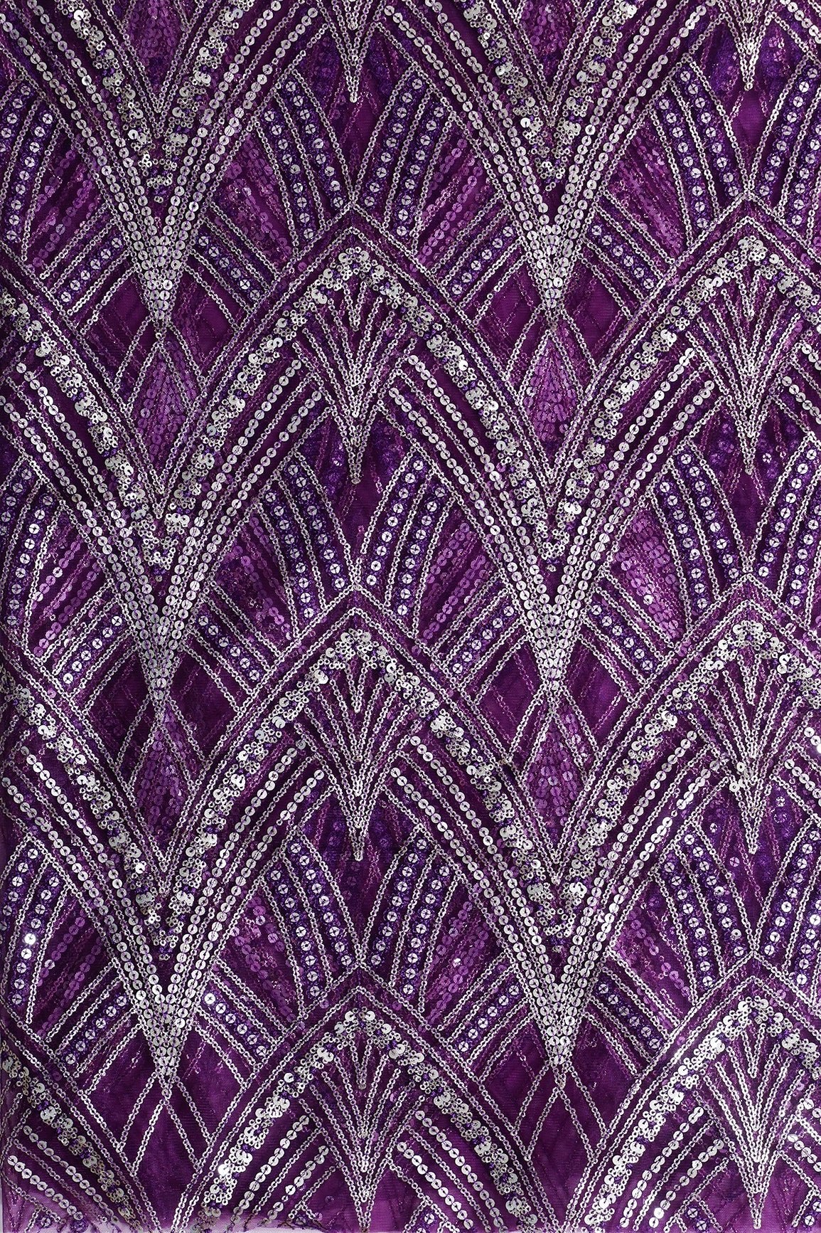1 Meter Cut Piece Of Purple Thread With Gold Sequins Geometric Embroidery Work On Purple Soft Net Fabric - doeraa