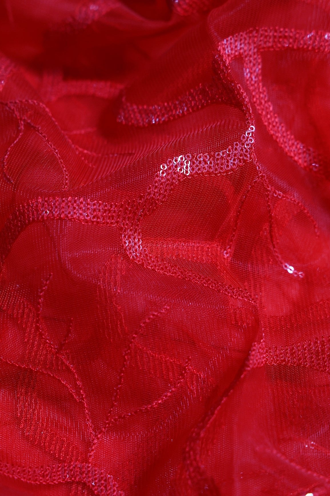 1 Meter Cut Piece Of Red Thread With Water Sequins Abstract Embroidery Work On Red Soft Net Fabric - doeraa
