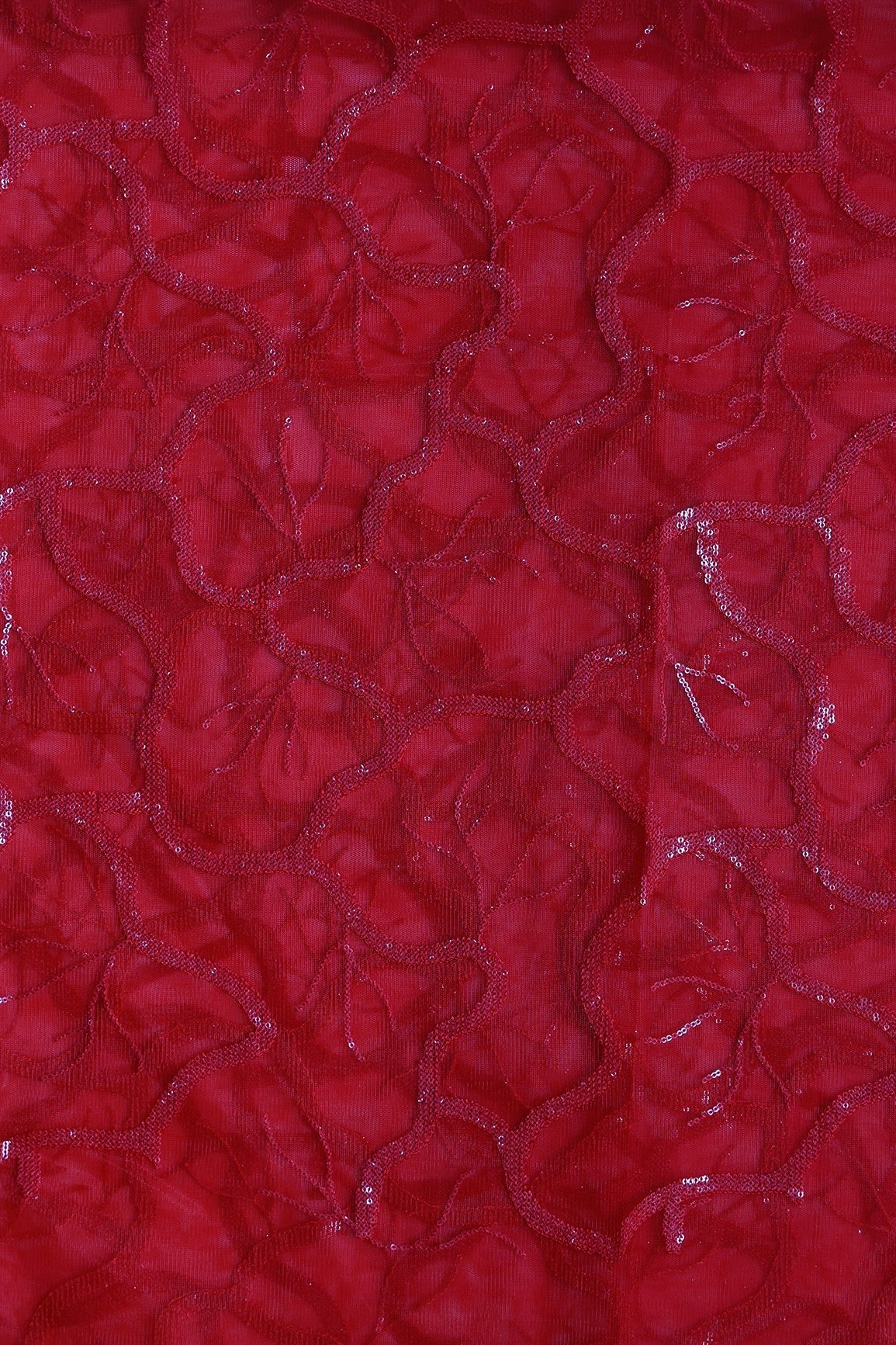 1 Meter Cut Piece Of Red Thread With Water Sequins Abstract Embroidery Work On Red Soft Net Fabric - doeraa