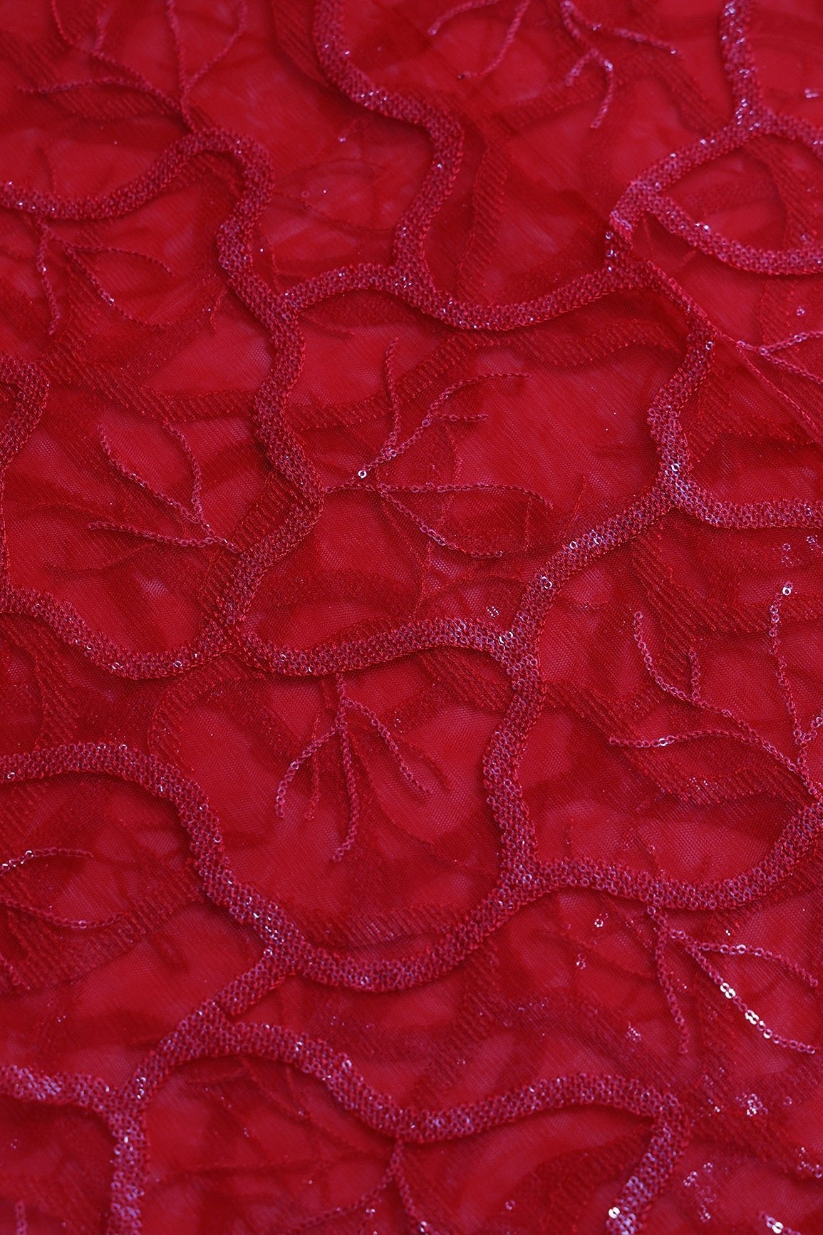 1 Meter Cut Piece Of Red Thread With Water Sequins Abstract Embroidery Work On Red Soft Net Fabric - doeraa