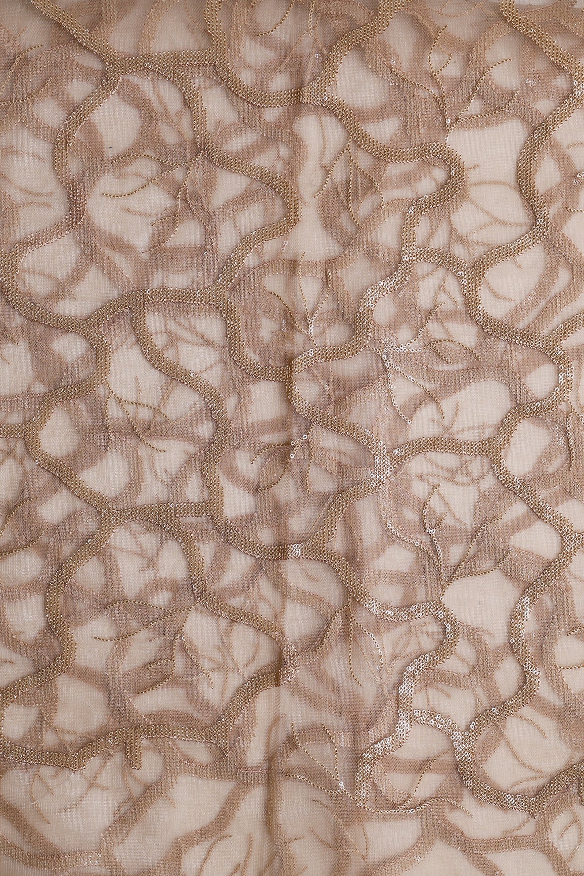 1 Meter Cut Piece Of Water Sequins Abstract Embroidery On Beige Soft Net Fabric - doeraa