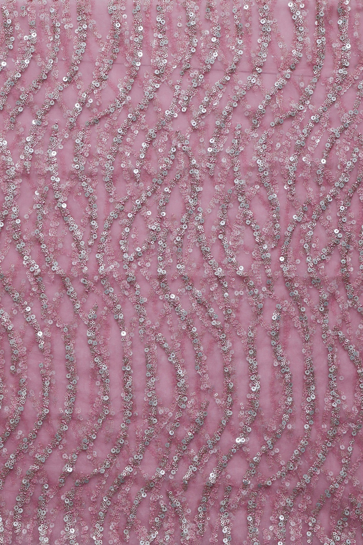 1.25 Meter Cut Piece Of Gold And Silver Sequins With Pink Thread Embroidery On Pink Soft Net Fabric - doeraa