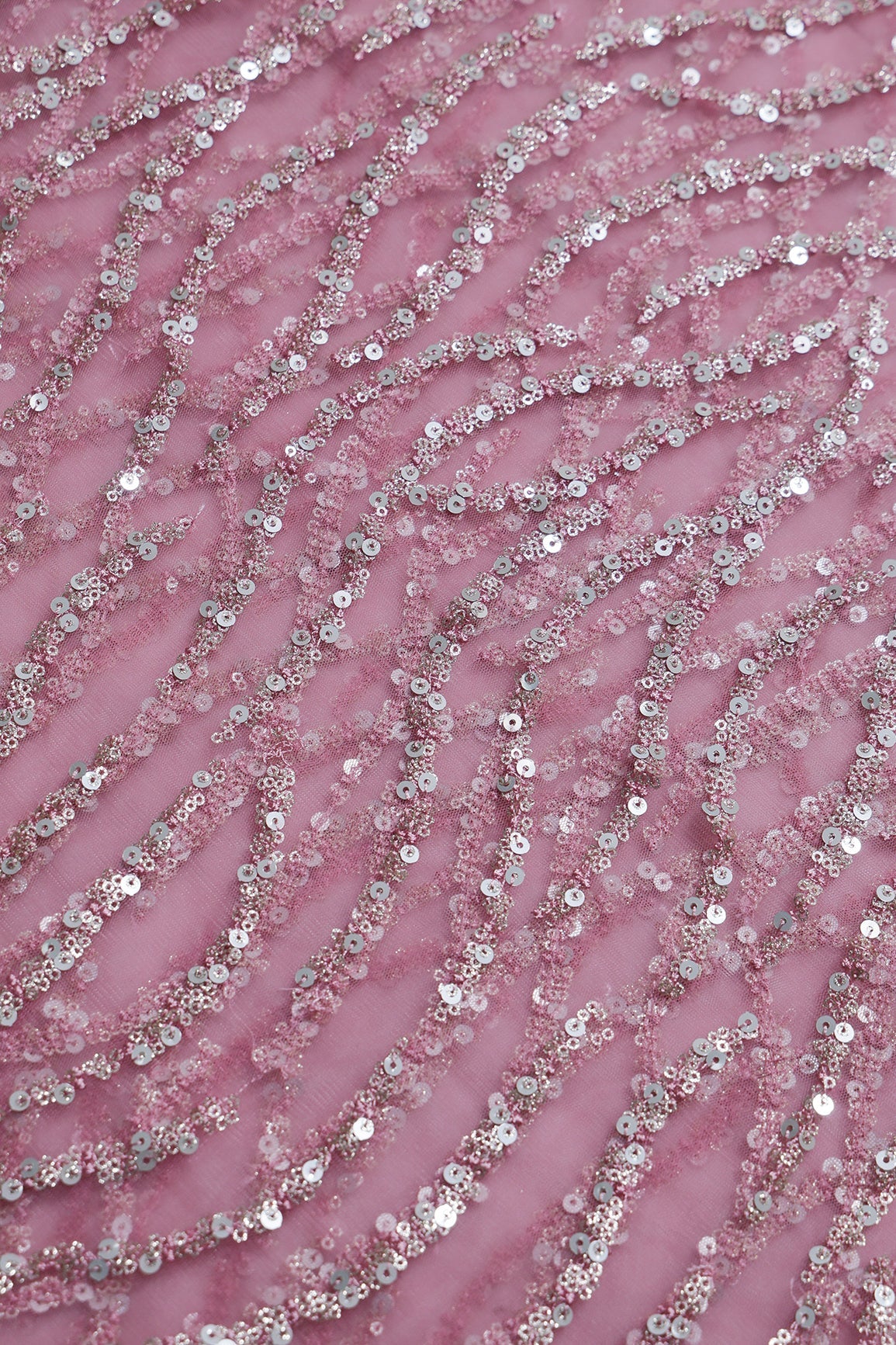 1.25 Meter Cut Piece Of Gold And Silver Sequins With Pink Thread Embroidery On Pink Soft Net Fabric - doeraa