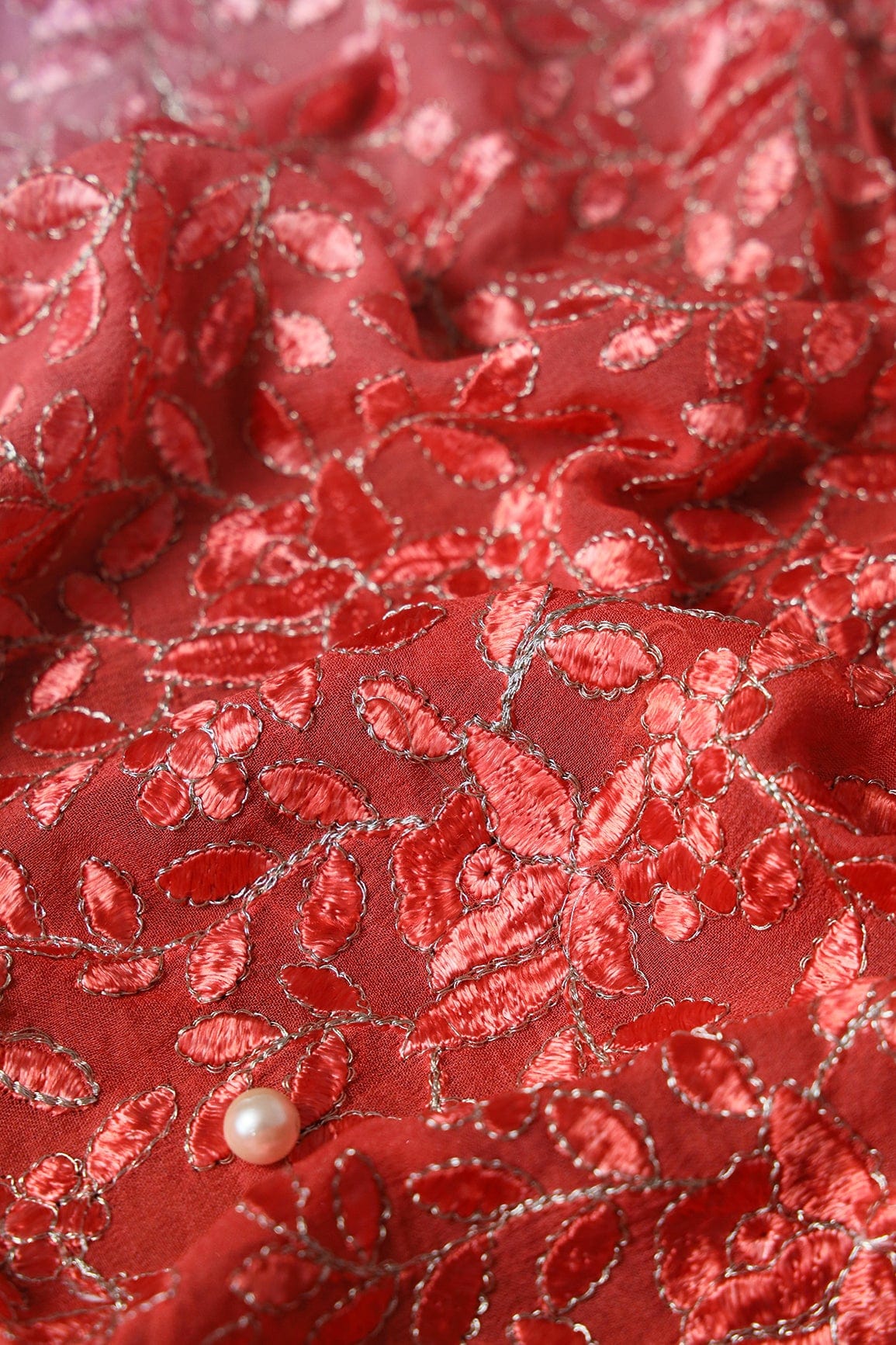 1.25 Meter Cut Piece Of Multi Thread With Zari Leafy Embroidery On Multi Color Viscose Georgette Fabric - doeraa