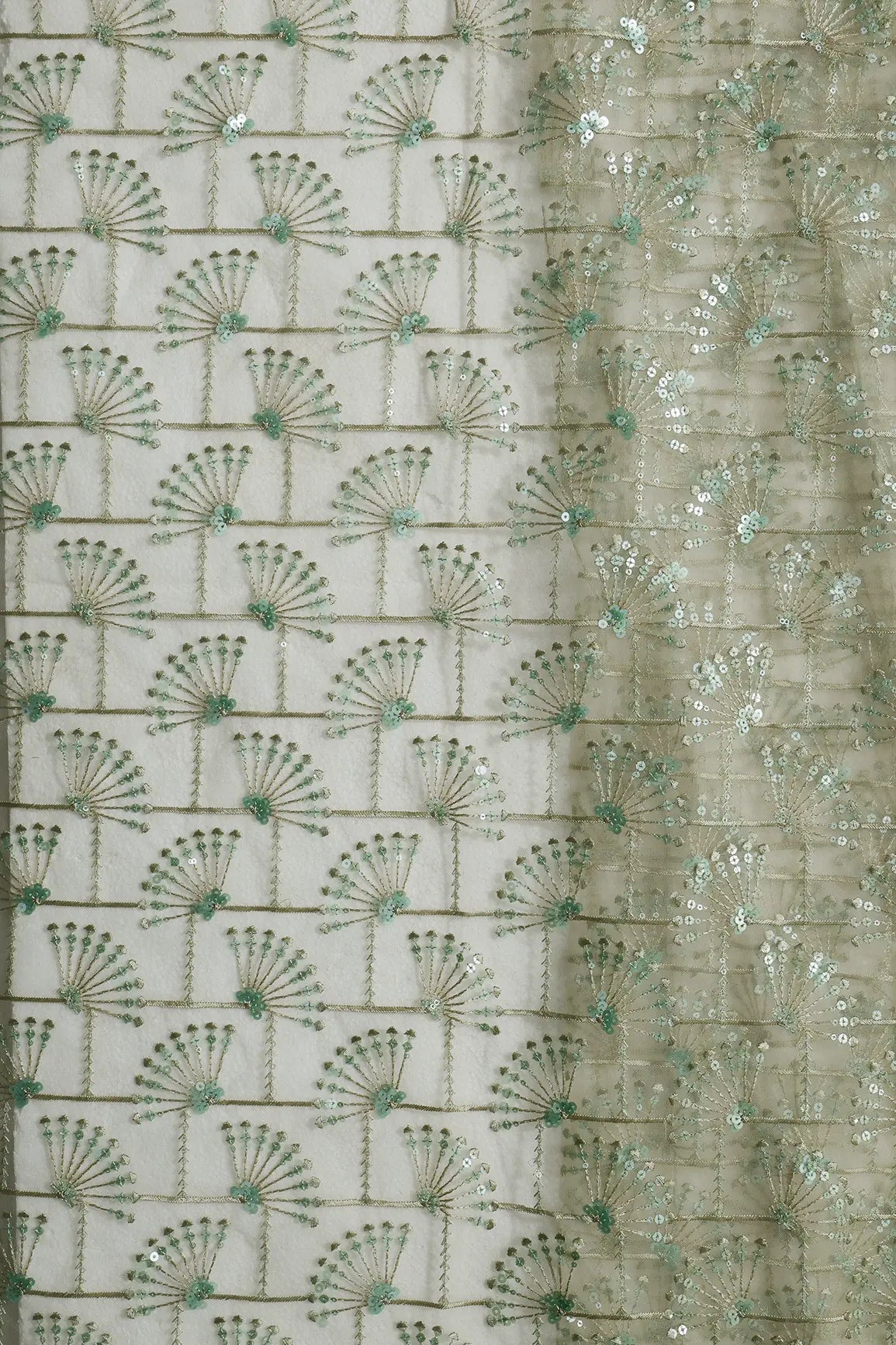 1.25 Meter Cut Piece Of Olive Thread With Olive Sequins Embroidery On Olive Soft Net Fabric - doeraa