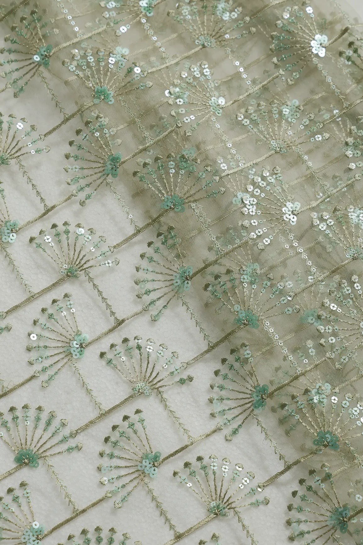 1.25 Meter Cut Piece Of Olive Thread With Olive Sequins Embroidery On Olive Soft Net Fabric - doeraa