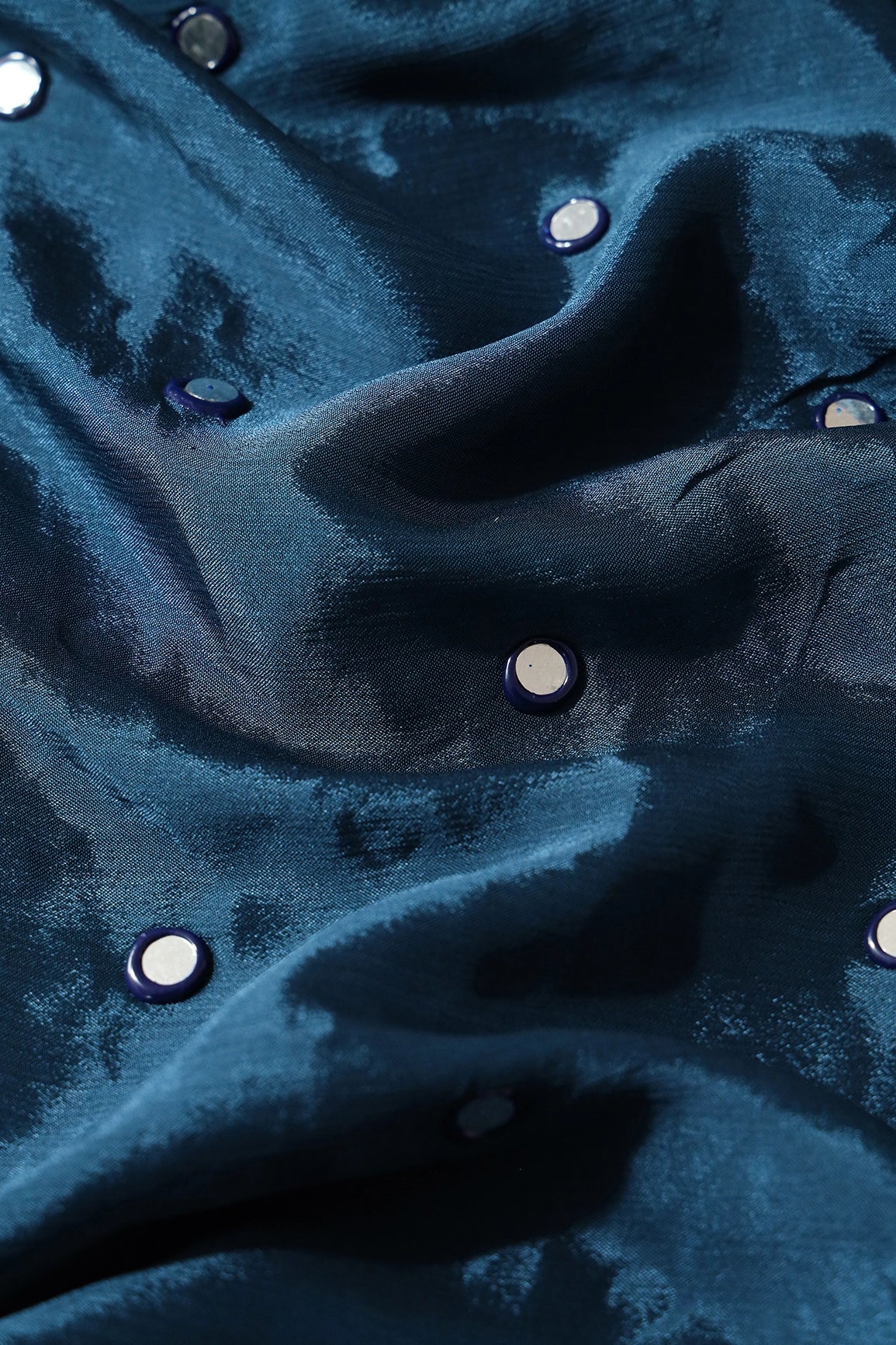 1.25 Meter Cut Piece Of Real Mirror Embroidery Work On Prussian Blue Viscose Chinnon Chiffon Fabric - doeraa