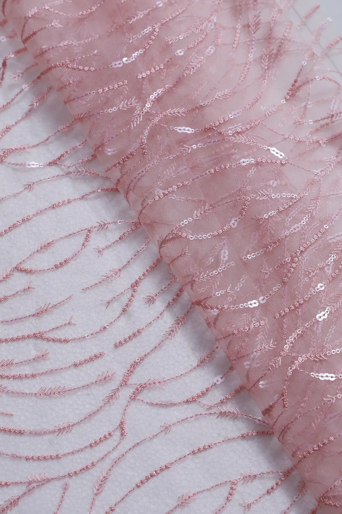 1.40 Meter Cut Piece Of Beautiful Sequins With Pink Thread Wavy Embroidery On Pink Soft Net Fabric - doeraa