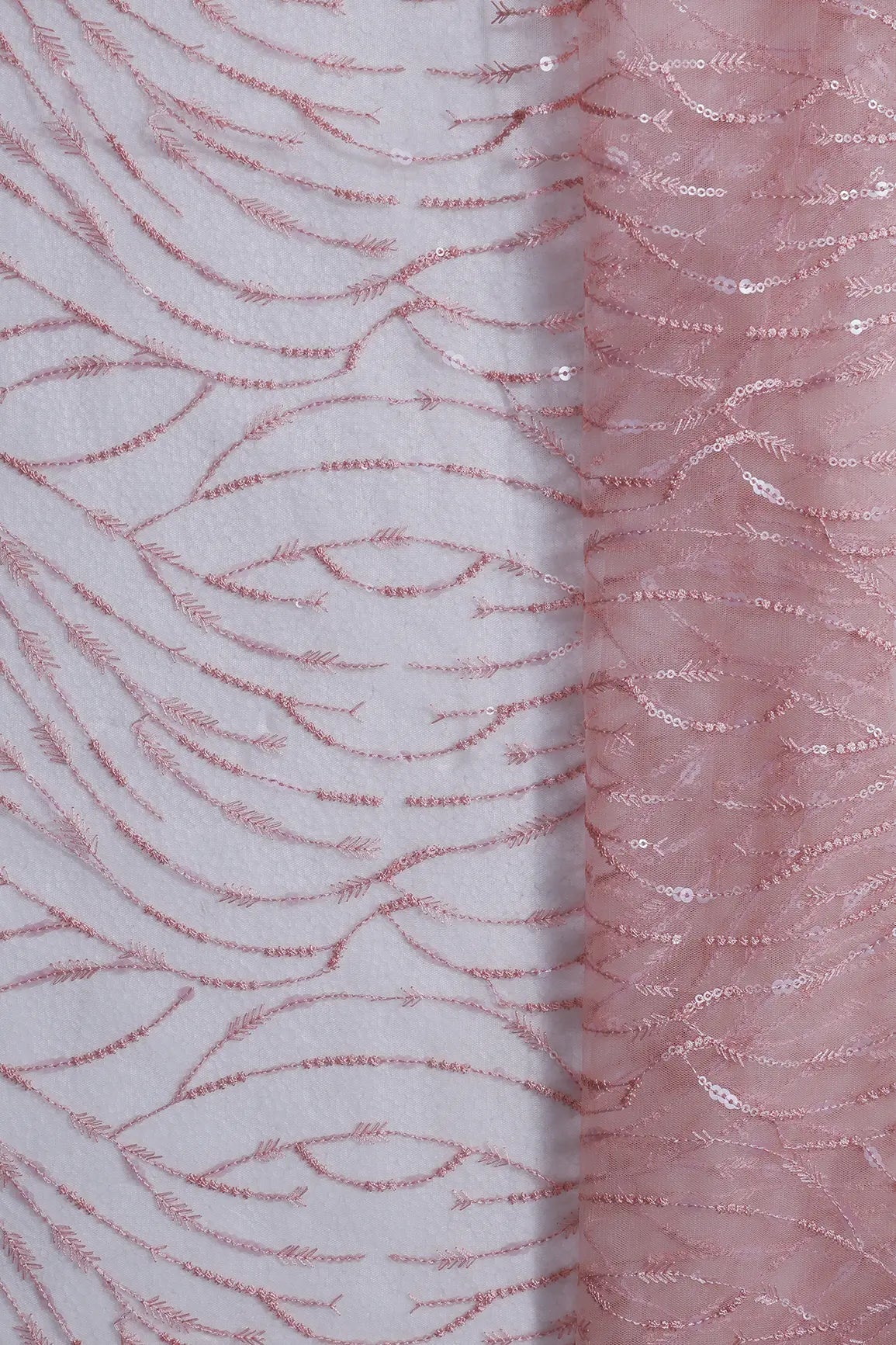 1.40 Meter Cut Piece Of Beautiful Sequins With Pink Thread Wavy Embroidery On Pink Soft Net Fabric - doeraa