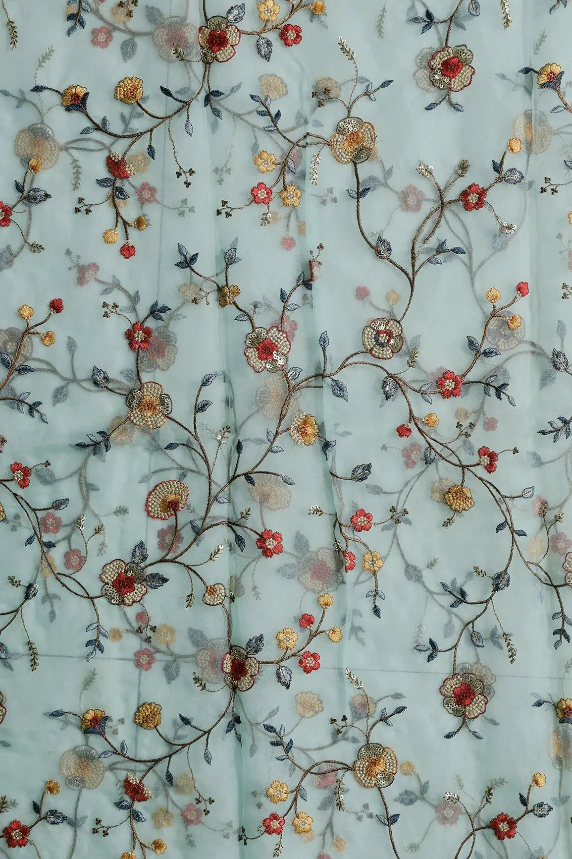 1.50 Meter Cut Piece Of Beautiful Floral Multi Color Thread with Sequins Embroidery Work On Sea Green Organza Fabric - doeraa