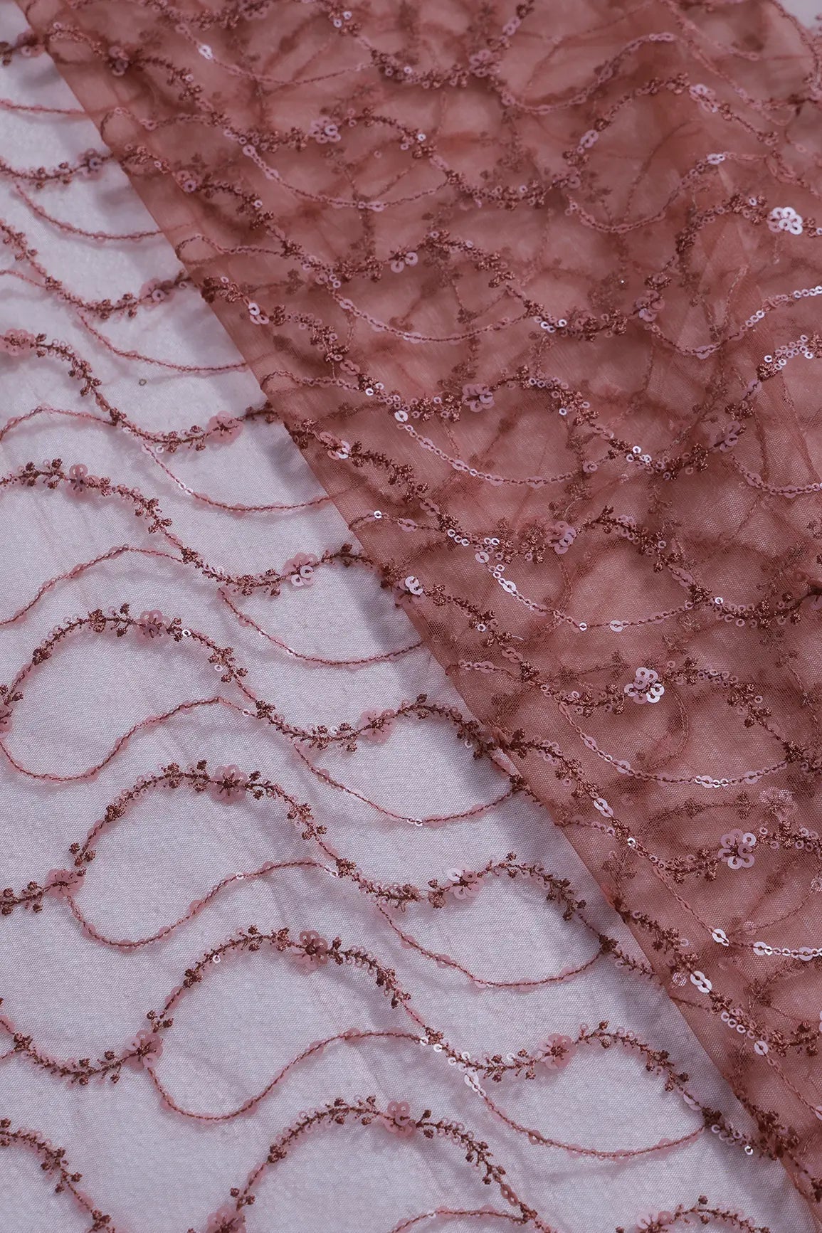1.50 Meter Cut Piece Of Beautiful Sequins With Gajri Thread Wavy Embroidery Work On Gajri Soft Net Fabric - doeraa