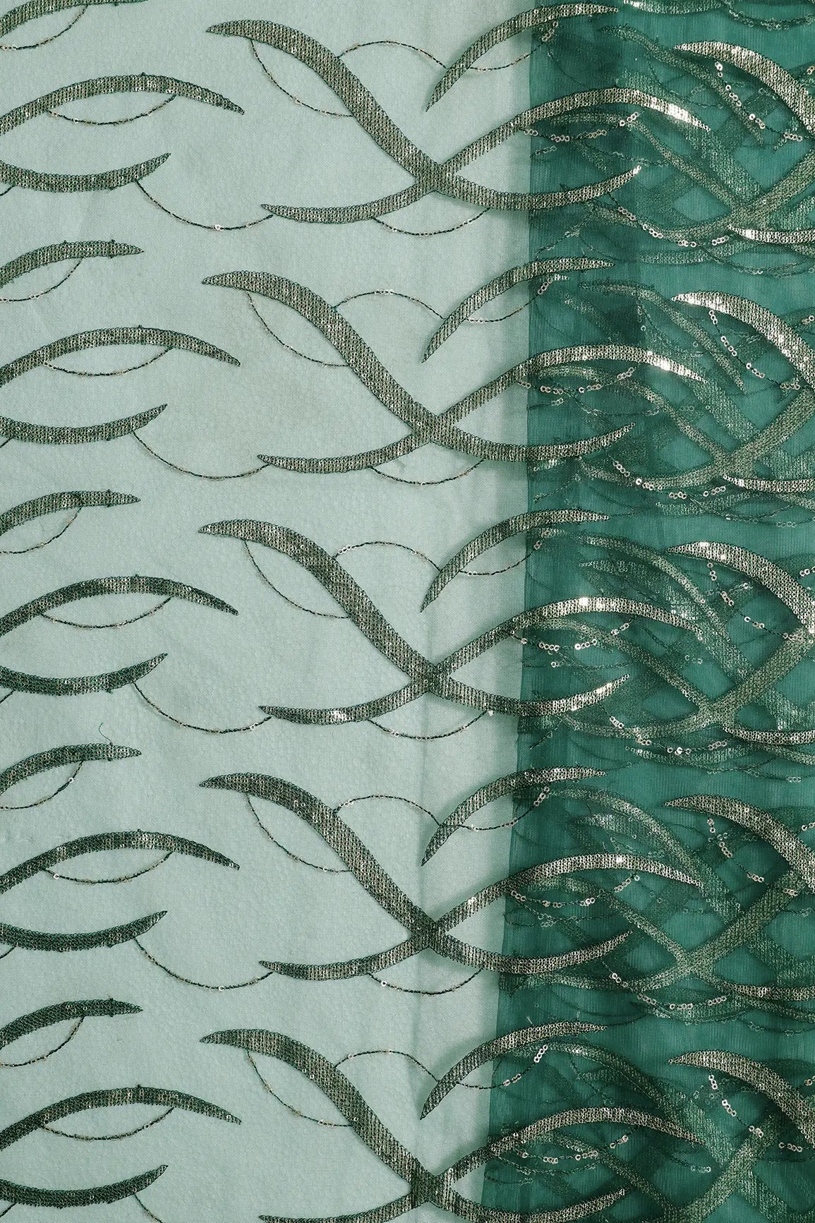 1.50 Meter Cut Piece Of Bottle Green Thread With Gold Sequins Wavy Embroidery Work On Bottle Green Soft Net Fabric - doeraa