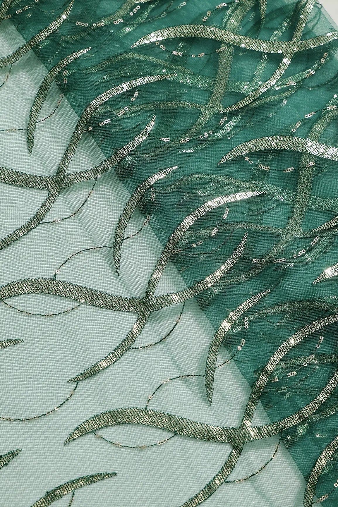 1.50 Meter Cut Piece Of Bottle Green Thread With Gold Sequins Wavy Embroidery Work On Bottle Green Soft Net Fabric - doeraa