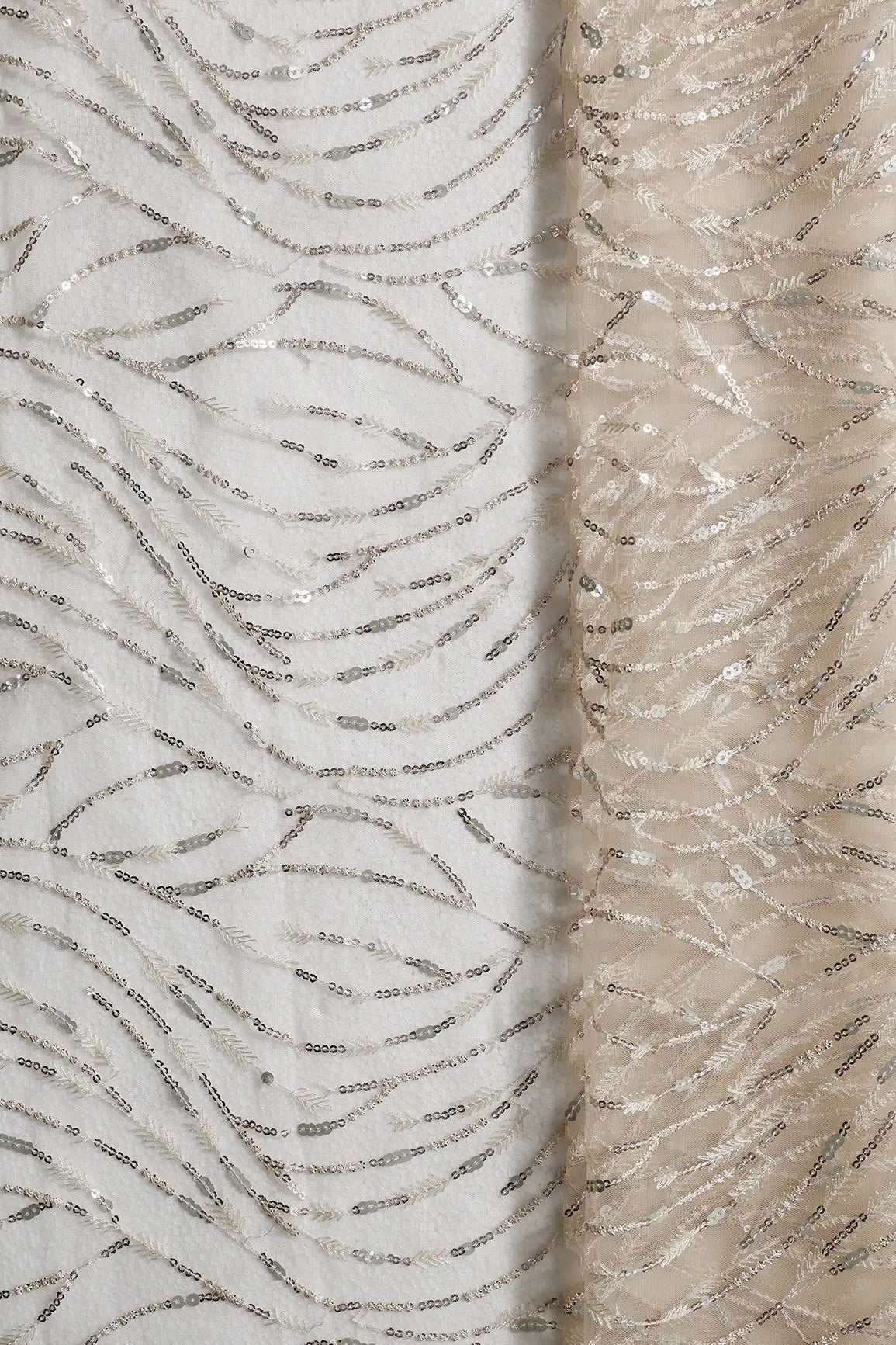 1.50 Meter Cut Piece Of Gold And Silver Sequins With Beige Thread Wavy Embroidery On Beige Soft Net Fabric - doeraa