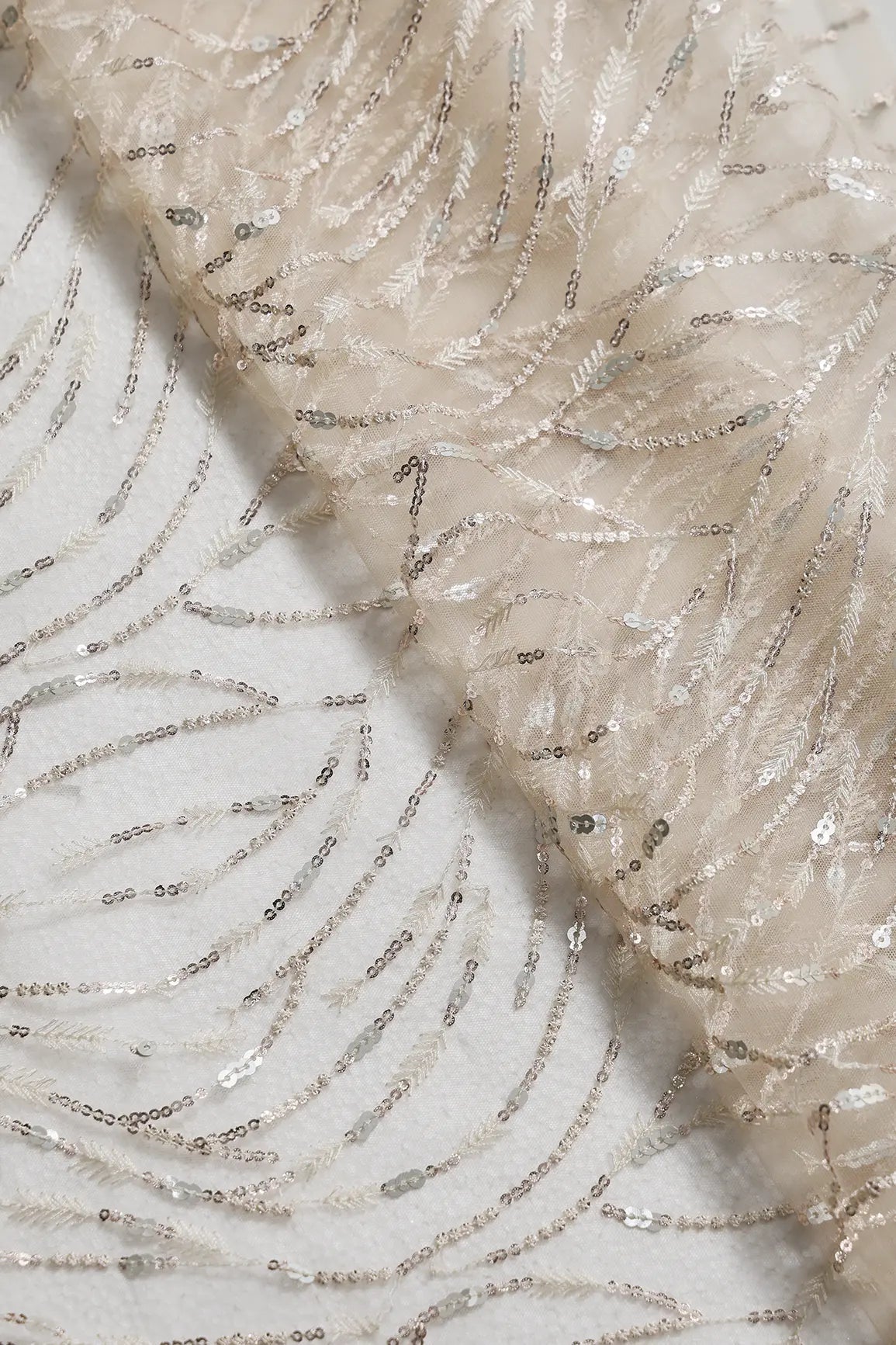 1.50 Meter Cut Piece Of Gold And Silver Sequins With Beige Thread Wavy Embroidery On Beige Soft Net Fabric - doeraa