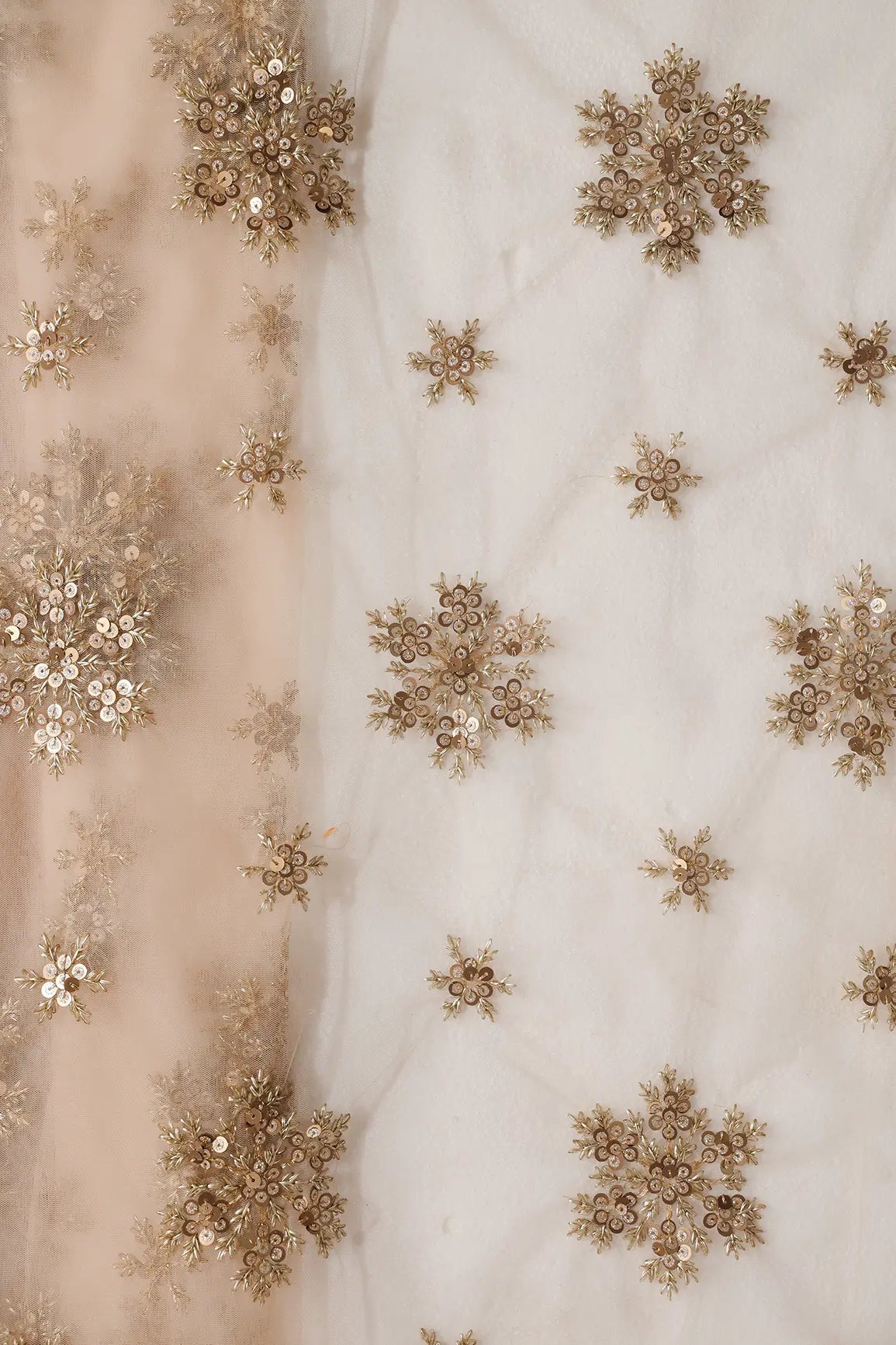 1.50 Meter Cut Piece Of Gold Sequins Floral Embroidery On Beige Soft Net Fabric - doeraa