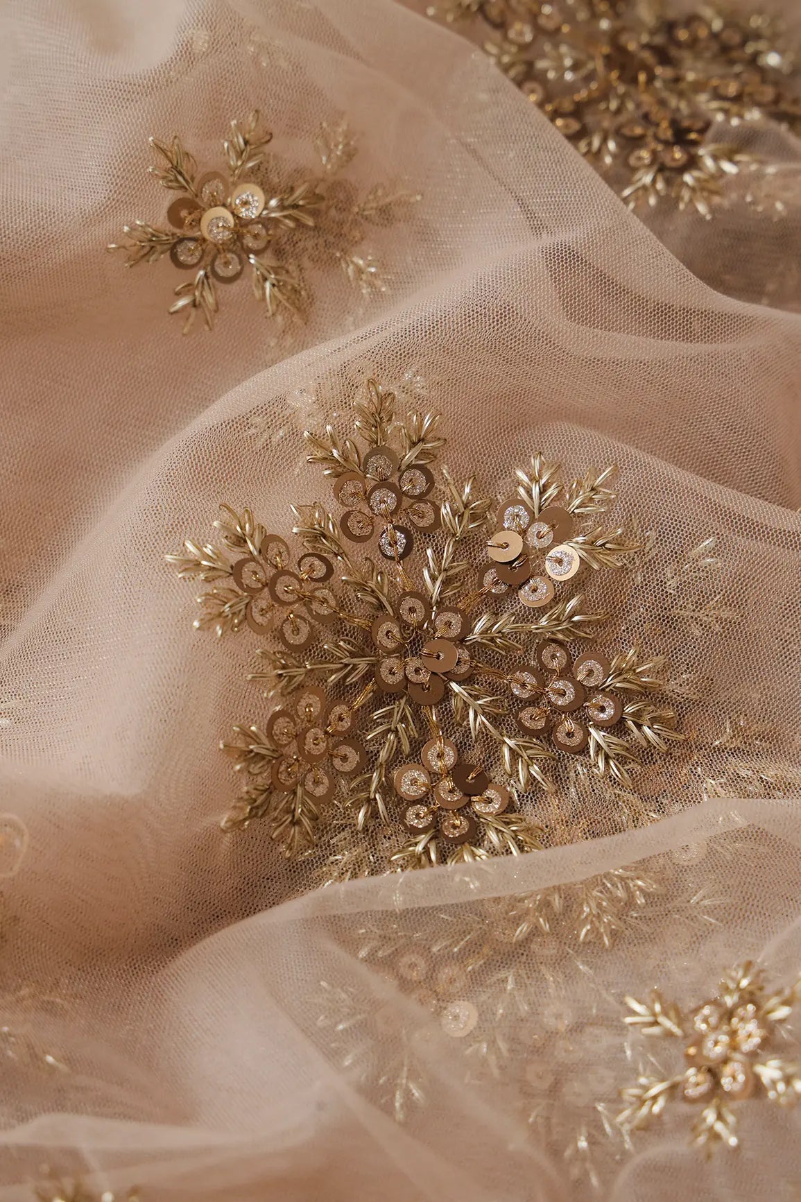 1.50 Meter Cut Piece Of Gold Sequins Floral Embroidery On Beige Soft Net Fabric - doeraa