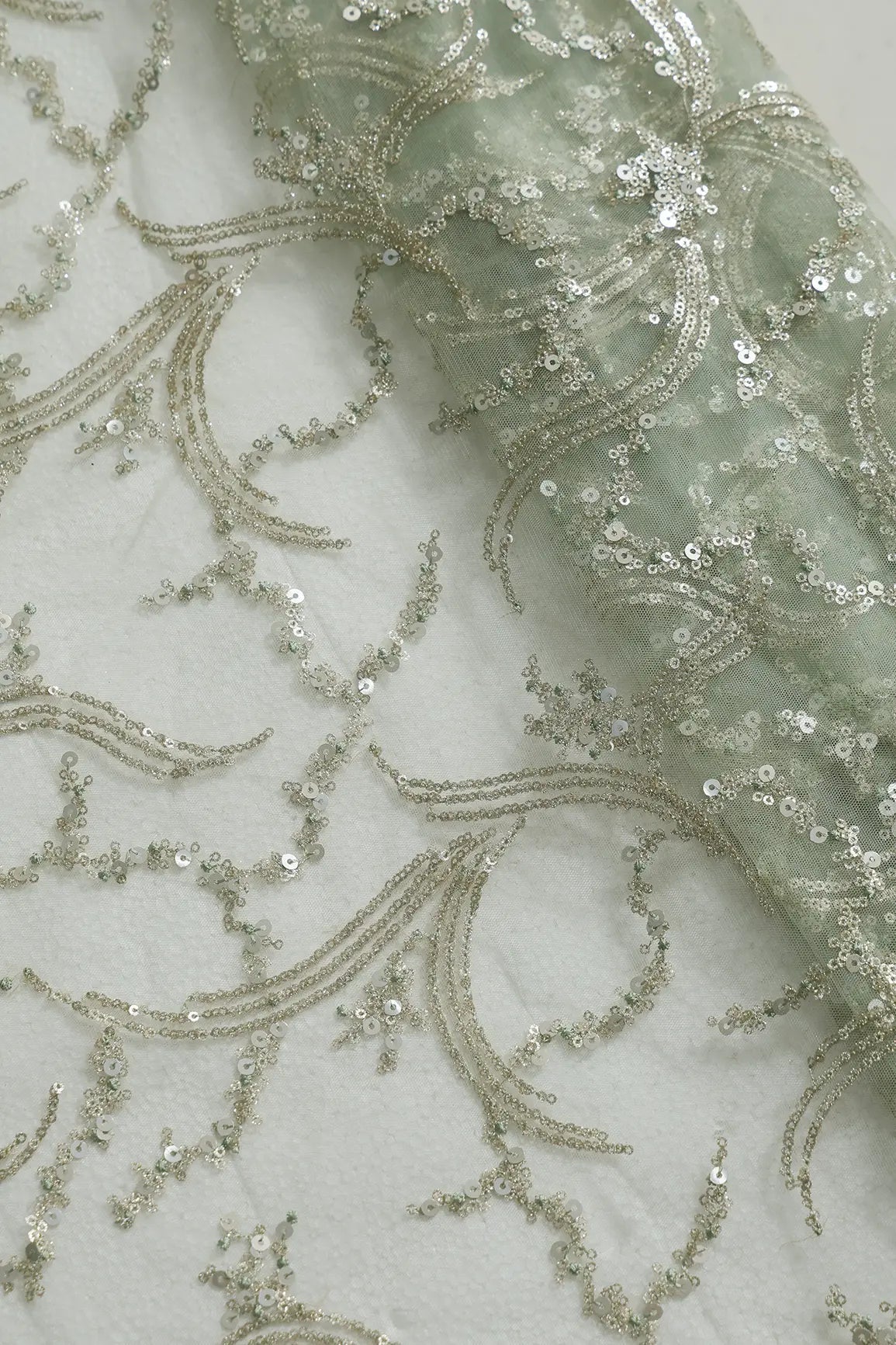 1.50 Meter Cut Piece Of Gold Sequins with Olive Thread Work Embroidery On Olive Soft Net Fabric - doeraa