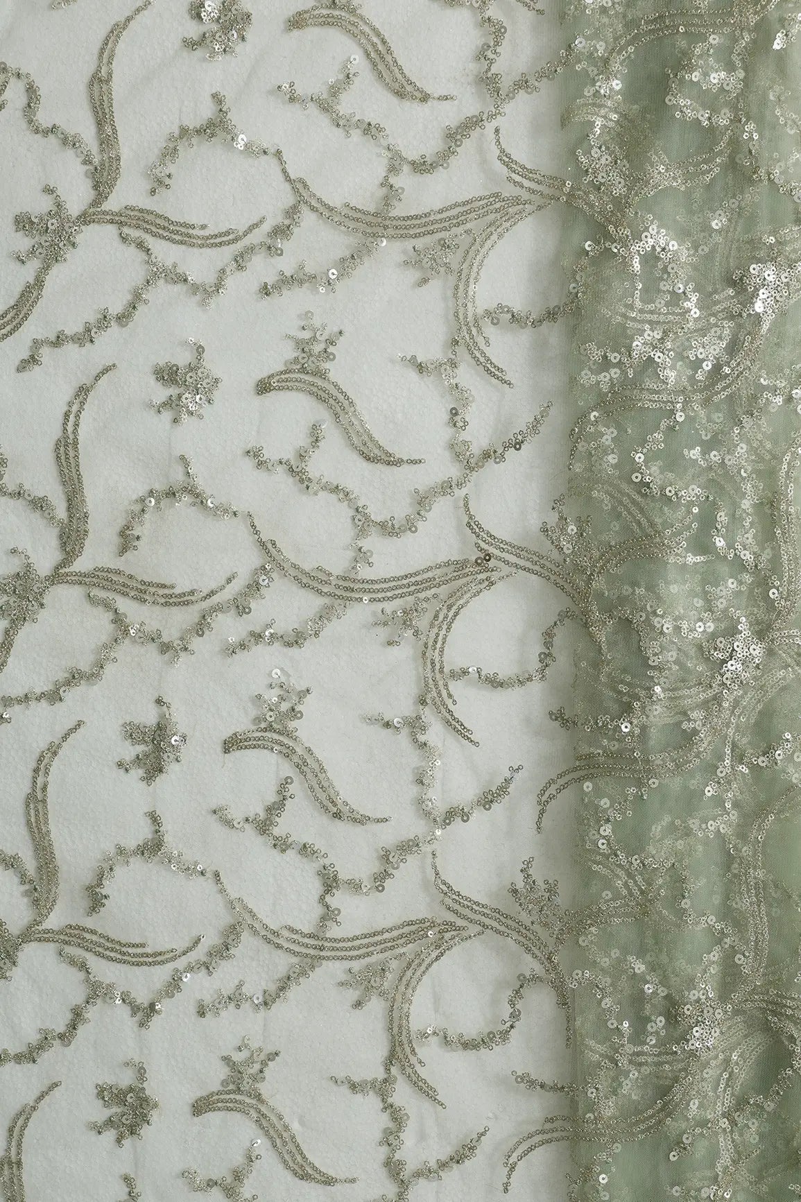 1.50 Meter Cut Piece Of Gold Sequins with Olive Thread Work Embroidery On Olive Soft Net Fabric - doeraa