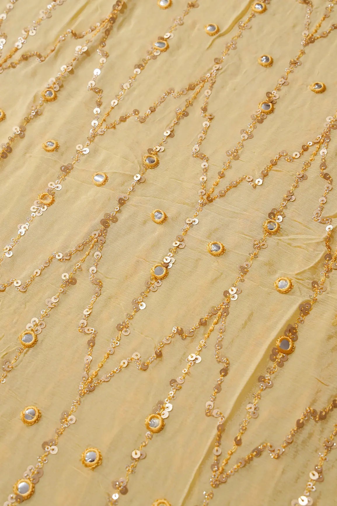 1.50 Meter Cut Piece Of Gold Sequins With Yellow Thread Faux Mirror Embroidery Work On Yellow Chinnon Chiffon Fabric - doeraa