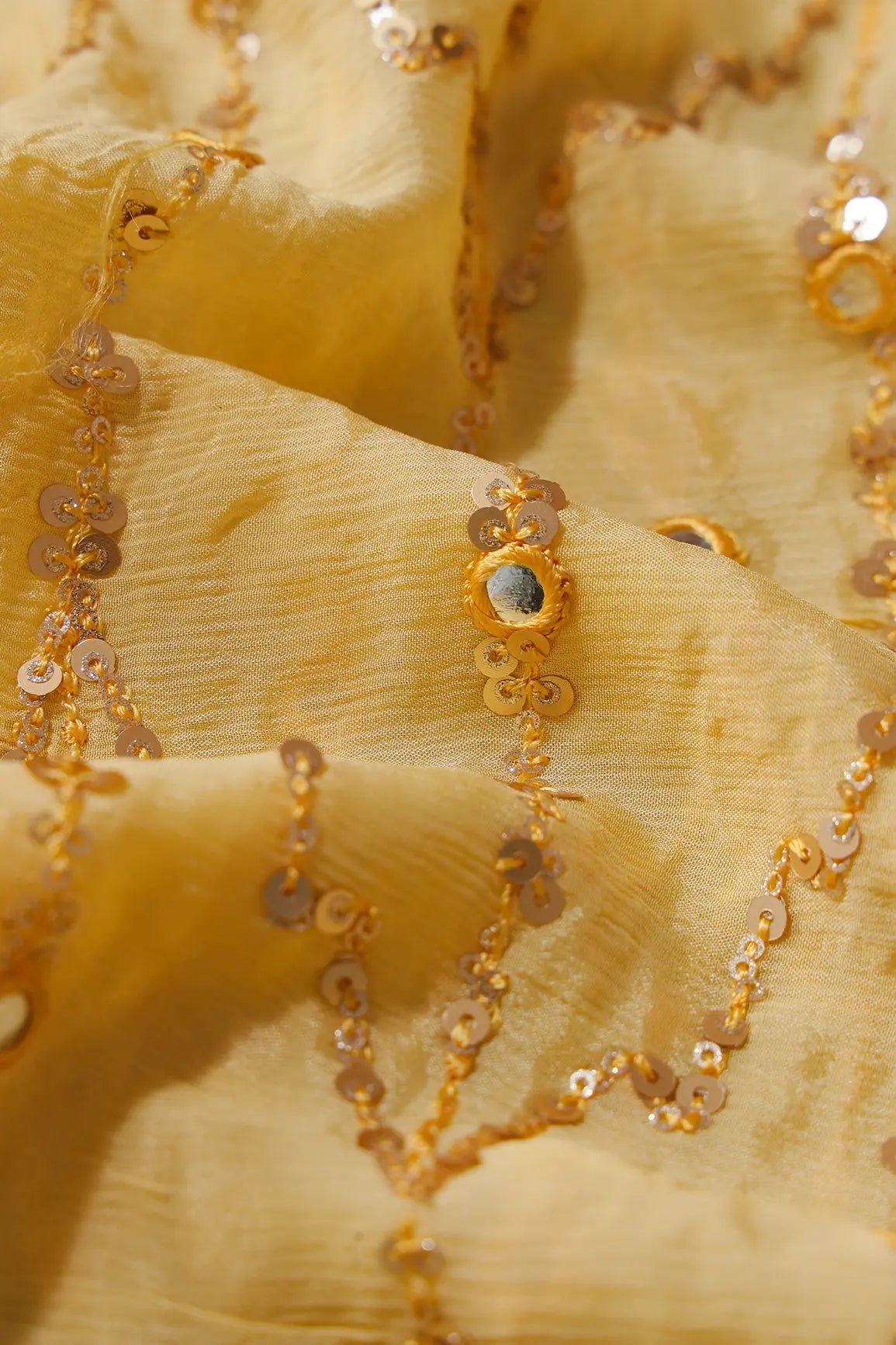 1.50 Meter Cut Piece Of Gold Sequins With Yellow Thread Faux Mirror Embroidery Work On Yellow Chinnon Chiffon Fabric - doeraa