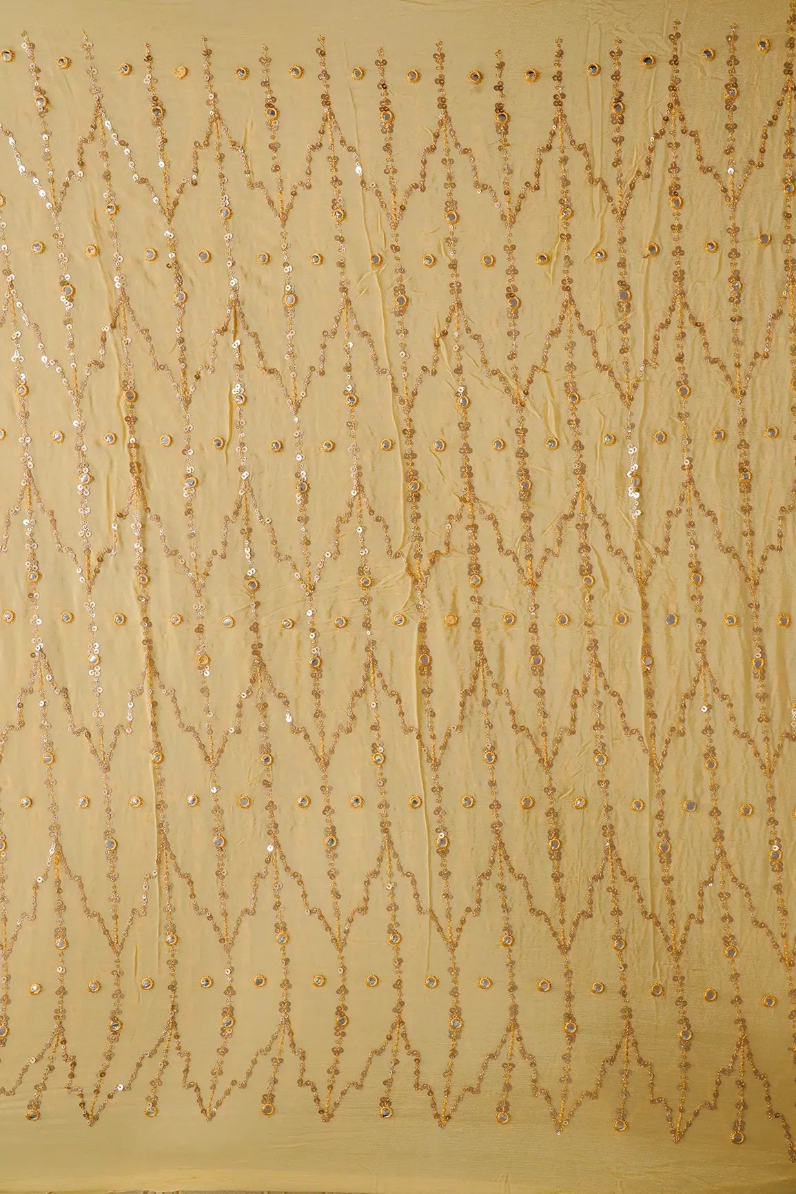 1.50 Meter Cut Piece Of Gold Sequins With Yellow Thread Faux Mirror Embroidery Work On Yellow Chinnon Chiffon Fabric - doeraa