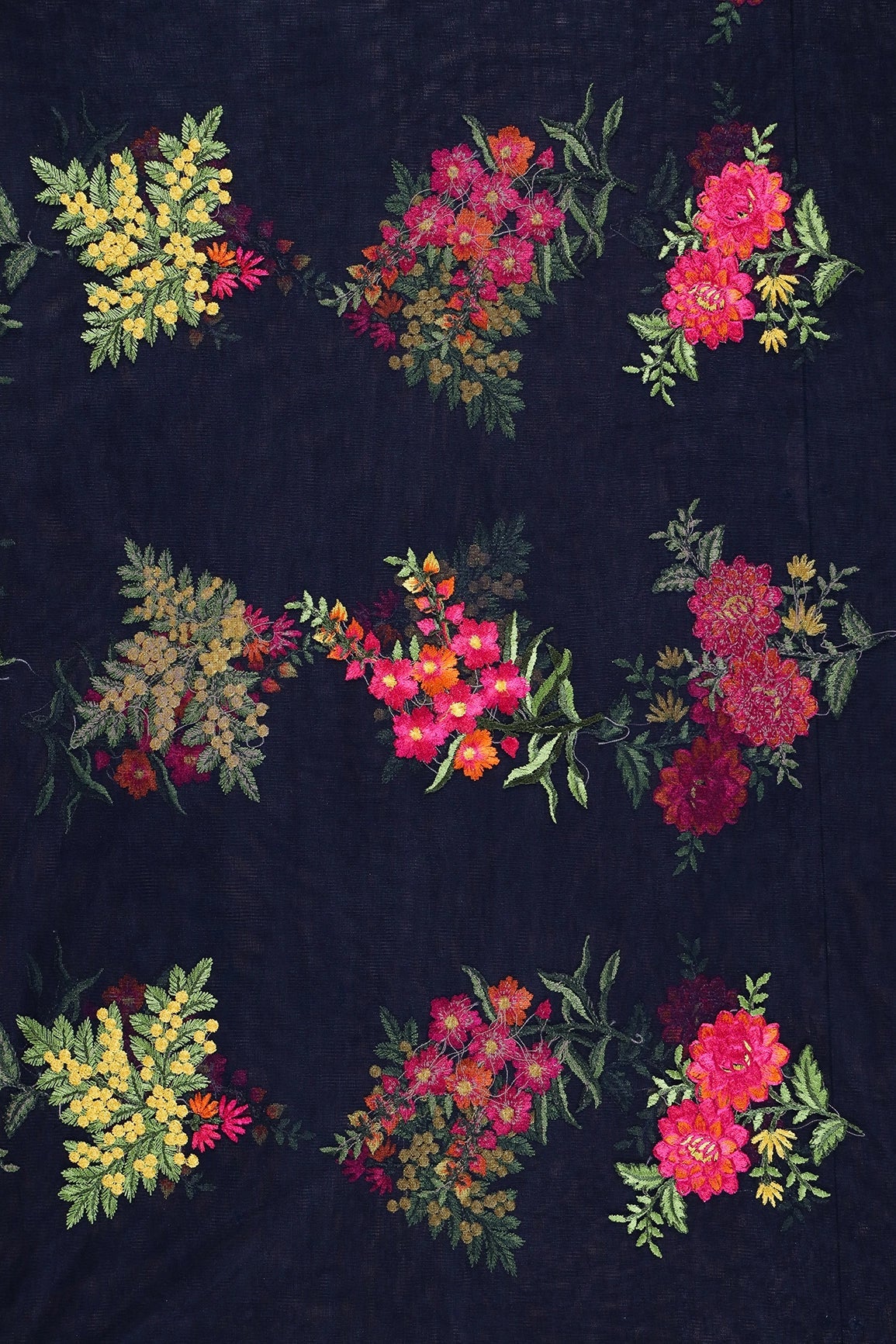 1.50 Meter Cut Piece Of Multi Thread Floral Embroidery On Navy Blue Soft Net Fabric - doeraa