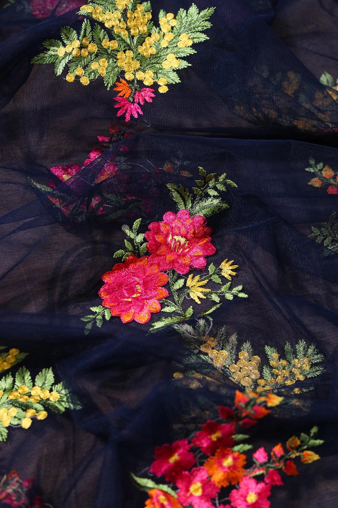 1.50 Meter Cut Piece Of Multi Thread Floral Embroidery On Navy Blue Soft Net Fabric - doeraa