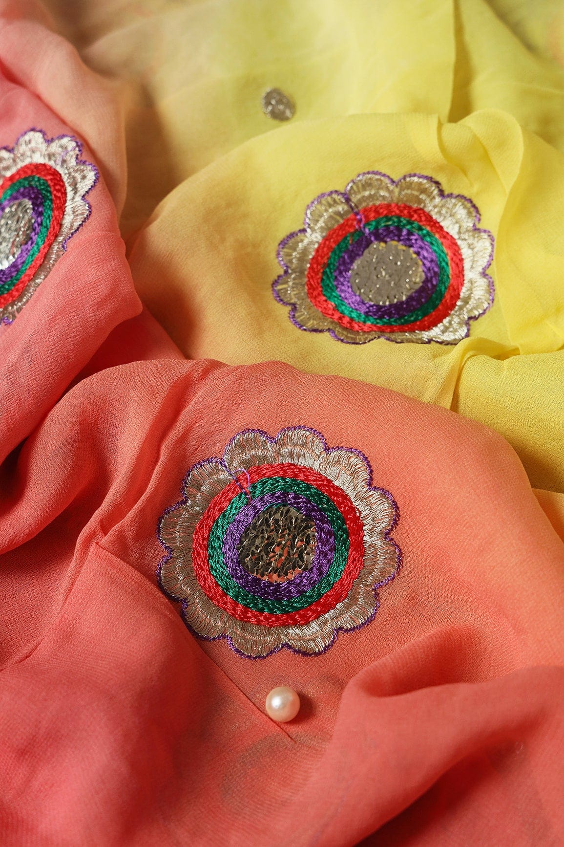 1.50 Meter Cut Piece Of Multi Thread With Gold Zari Floral Embroidery On Multi Color Viscose Georgette Fabric - doeraa